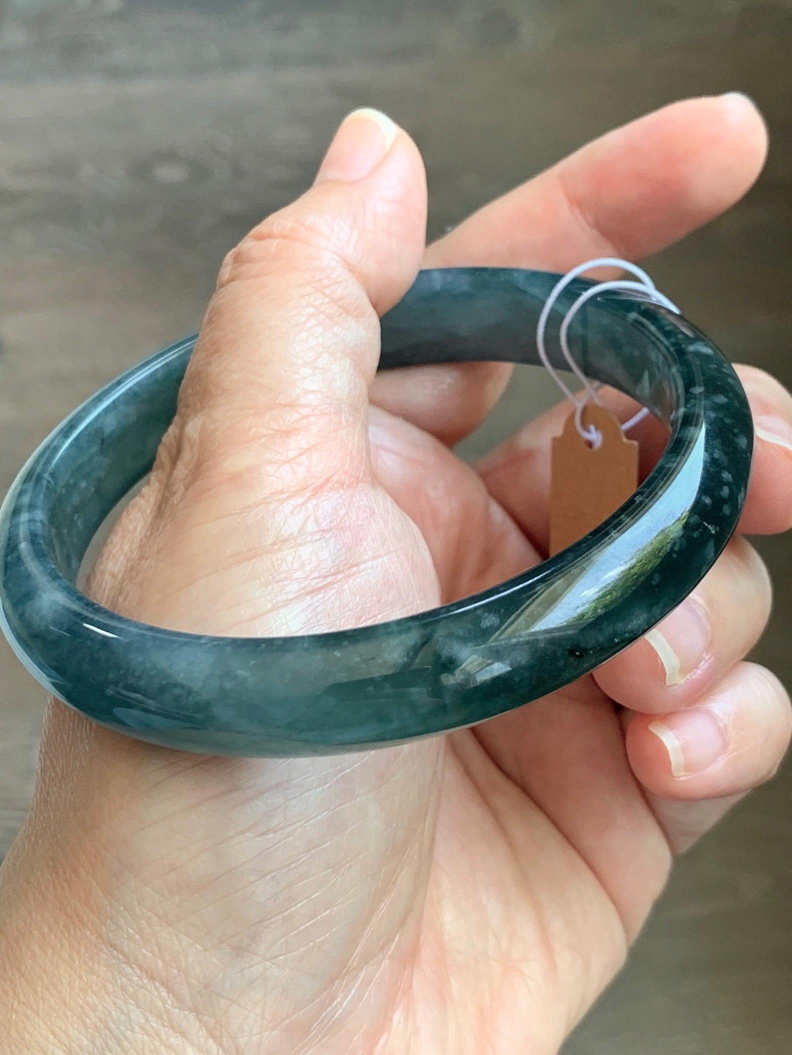 Certified Natural Grade A Guatemalan Icy Translucent Dark Teal Blue Jade Jadeite Wide Bangle Bracelet 68.26mm 8.43" 59g 天然冰危深蓝翡翠正圈手镯 1198
