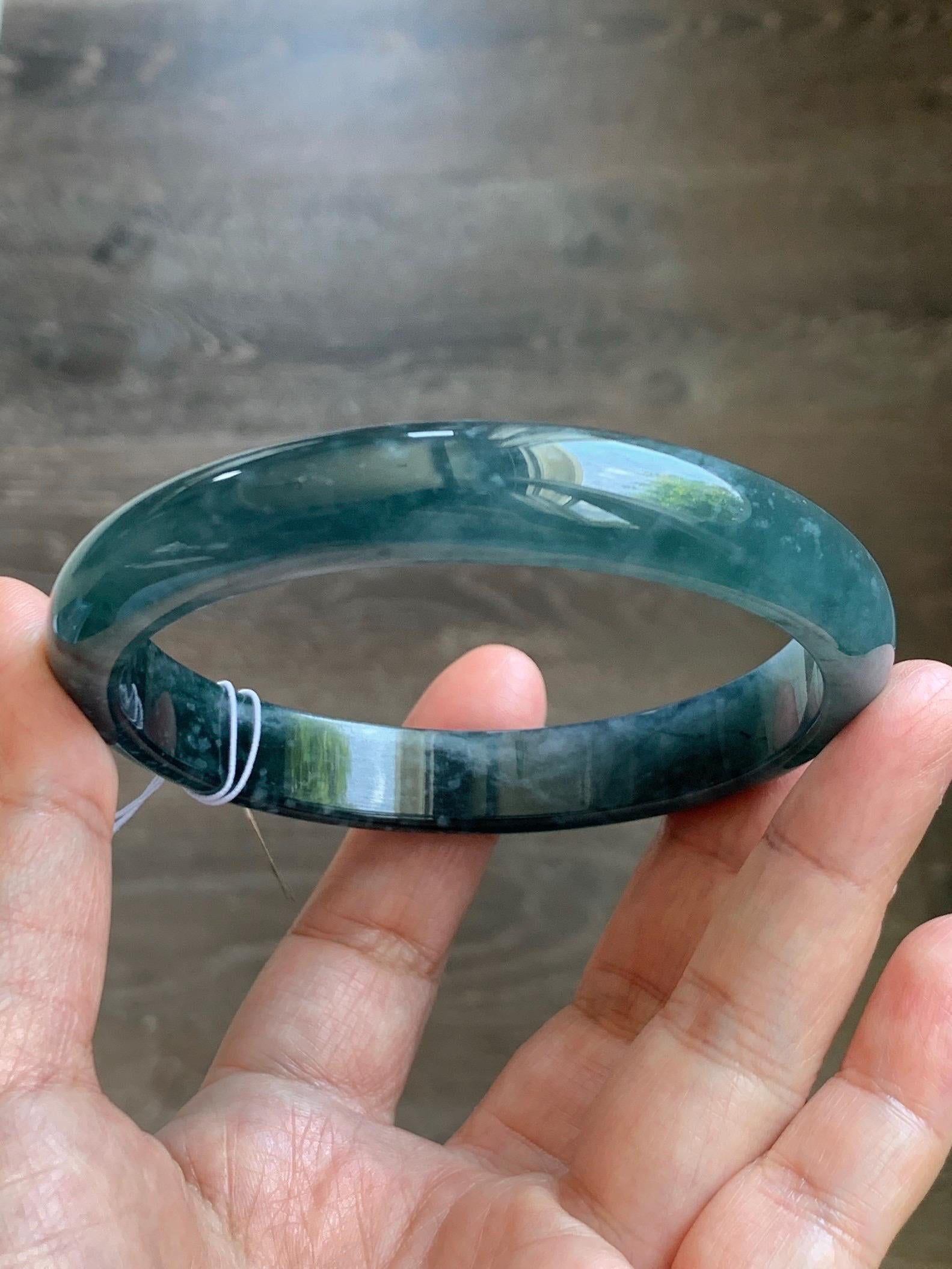 Certified Natural Grade A Guatemalan Icy Translucent Dark Teal Blue Jade Jadeite Wide Bangle Bracelet 68.26mm 8.43" 59g 天然冰危深蓝翡翠正圈手镯 1198