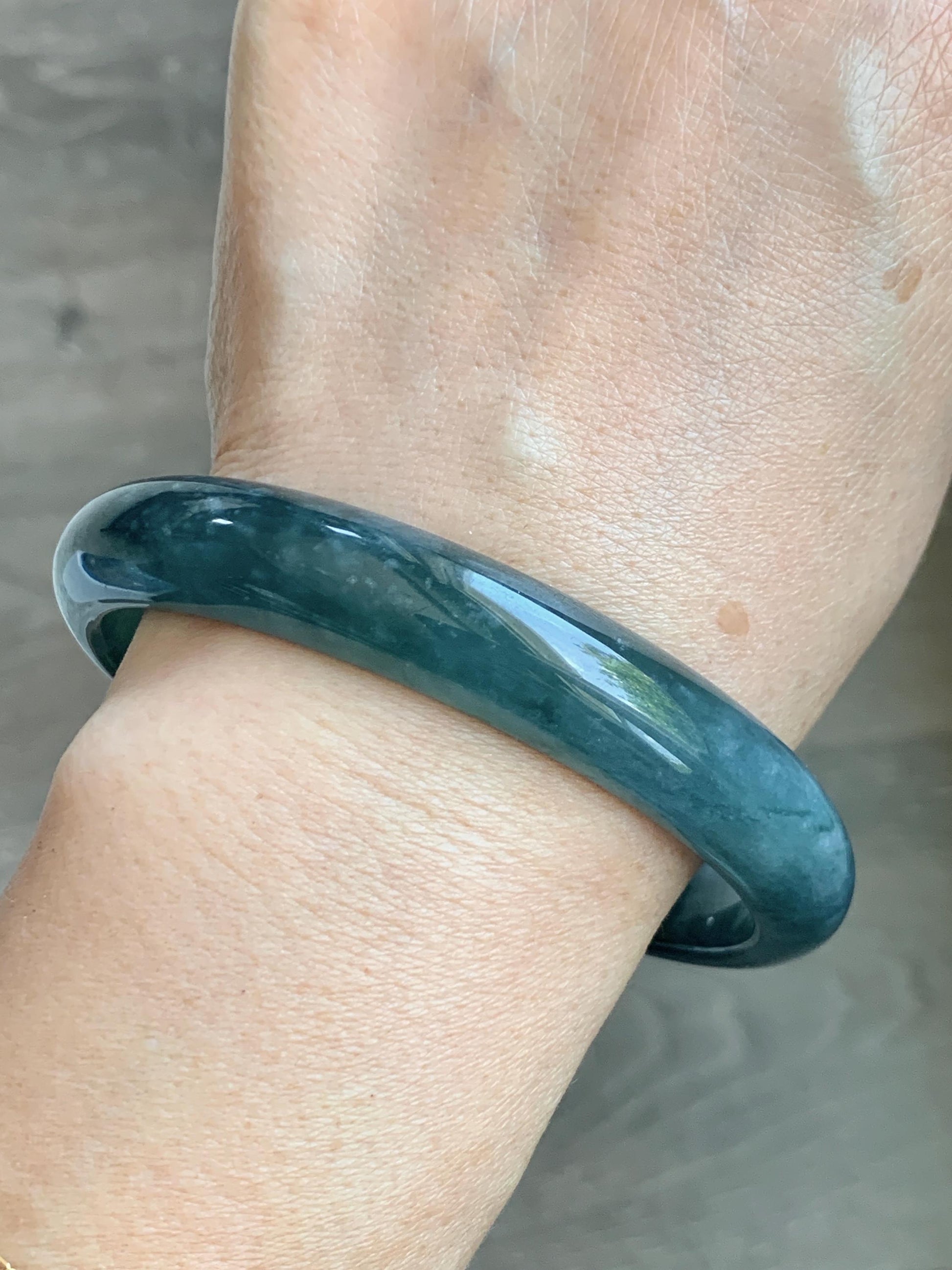 Certified Natural Grade A Guatemalan Icy Translucent Dark Teal Blue Jade Jadeite Wide Bangle Bracelet 68.26mm 8.43" 59g 天然冰危深蓝翡翠正圈手镯 1198