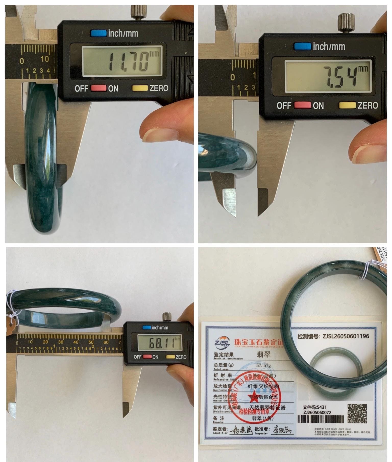 Certified Natural Grade A Guatemalan Icy Translucent Dark Teal Blue Jade Jadeite Wide Bangle Bracelet 68.11mm 8.42" 57.57g 天然冰危深蓝翡翠正圈手镯 1196