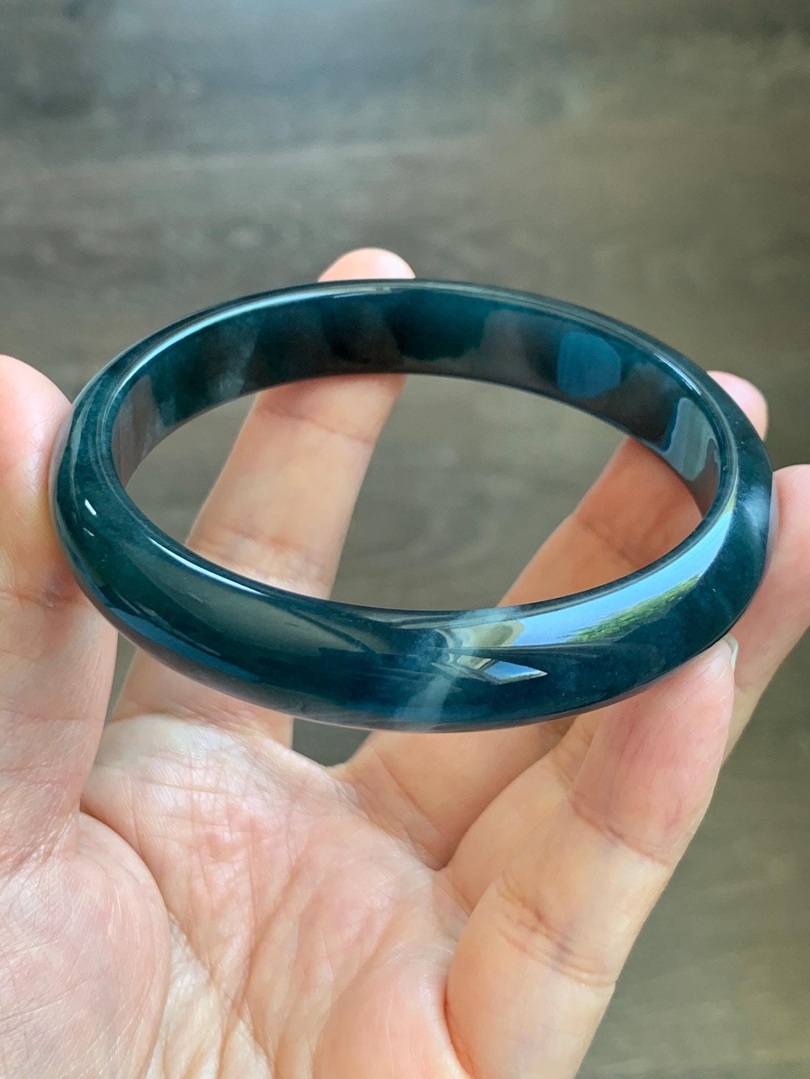 Certified Natural Grade A Guatemalan Icy Translucent Dark Aegean Blue Jade Jadeite Wide Bangle Bracelet 61.98mm 7.66" 天然冰危深牛仔蓝翡翠正圈手镯 1204