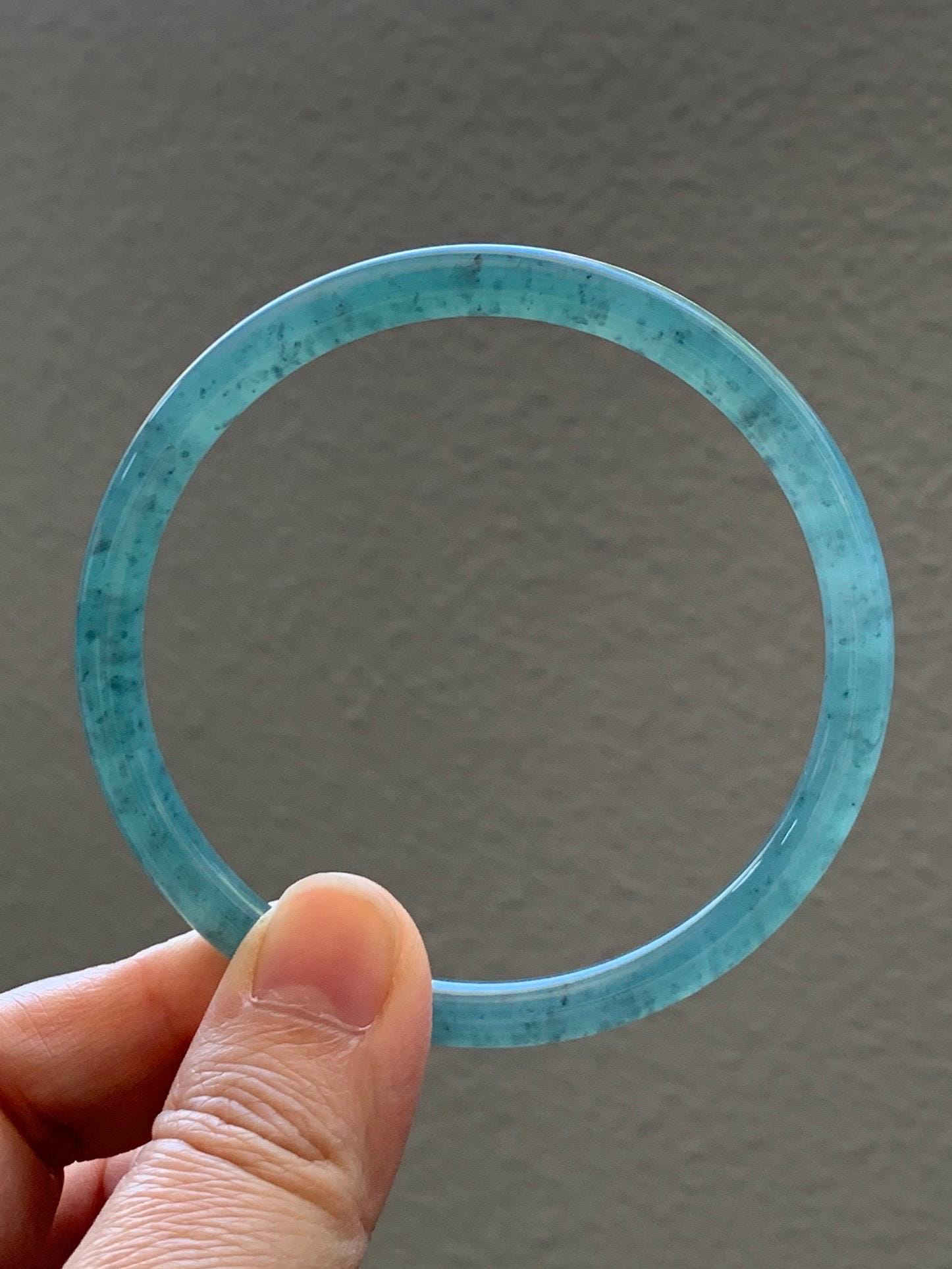 Certified Natural Grade A Guatemalan Icy Translucent Dusty Teal Green Jade Jadeite Slim Bangle 62.09mm 7.67” 23g 天然冰胶危蓝绿翡翠细圆条手镯 1172