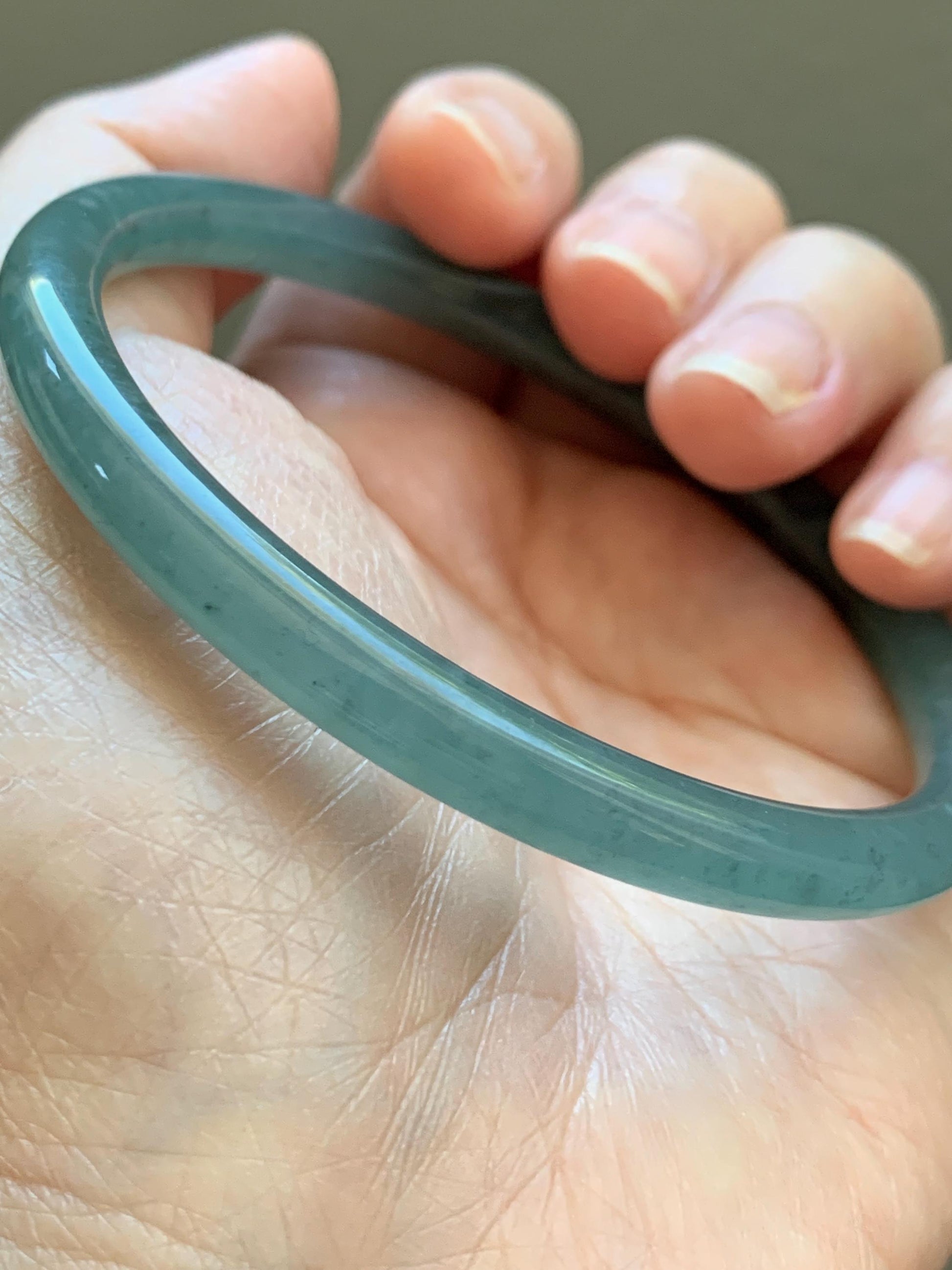Certified Natural Grade A Guatemalan Icy Translucent Dusty Teal Green Jade Jadeite Slim Bangle 62.09mm 7.67” 23g 天然冰胶危蓝绿翡翠细圆条手镯 1172