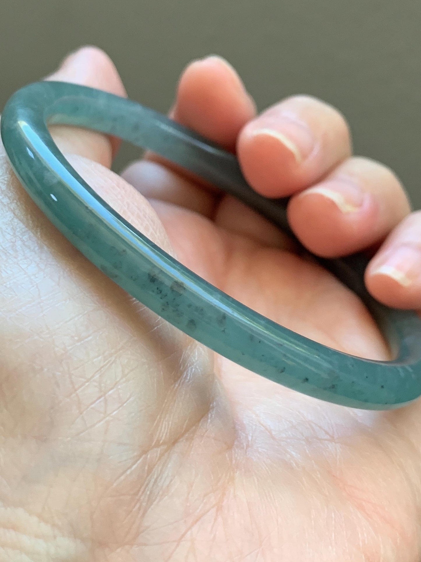Certified Natural Grade A Guatemalan Icy Translucent Dusty Teal Green Jade Jadeite Slim Bangle 62.09mm 7.67” 23g 天然冰胶危蓝绿翡翠细圆条手镯 1172