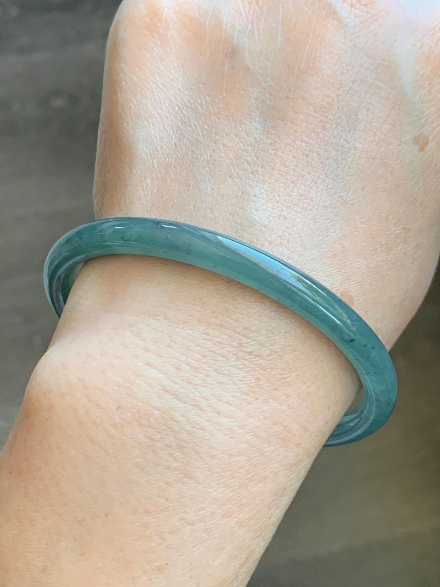 Certified Natural Grade A Guatemalan Icy Translucent Dusty Teal Green Jade Jadeite Slim Bangle 62.09mm 7.67” 23g 天然冰胶危蓝绿翡翠细圆条手镯 1172