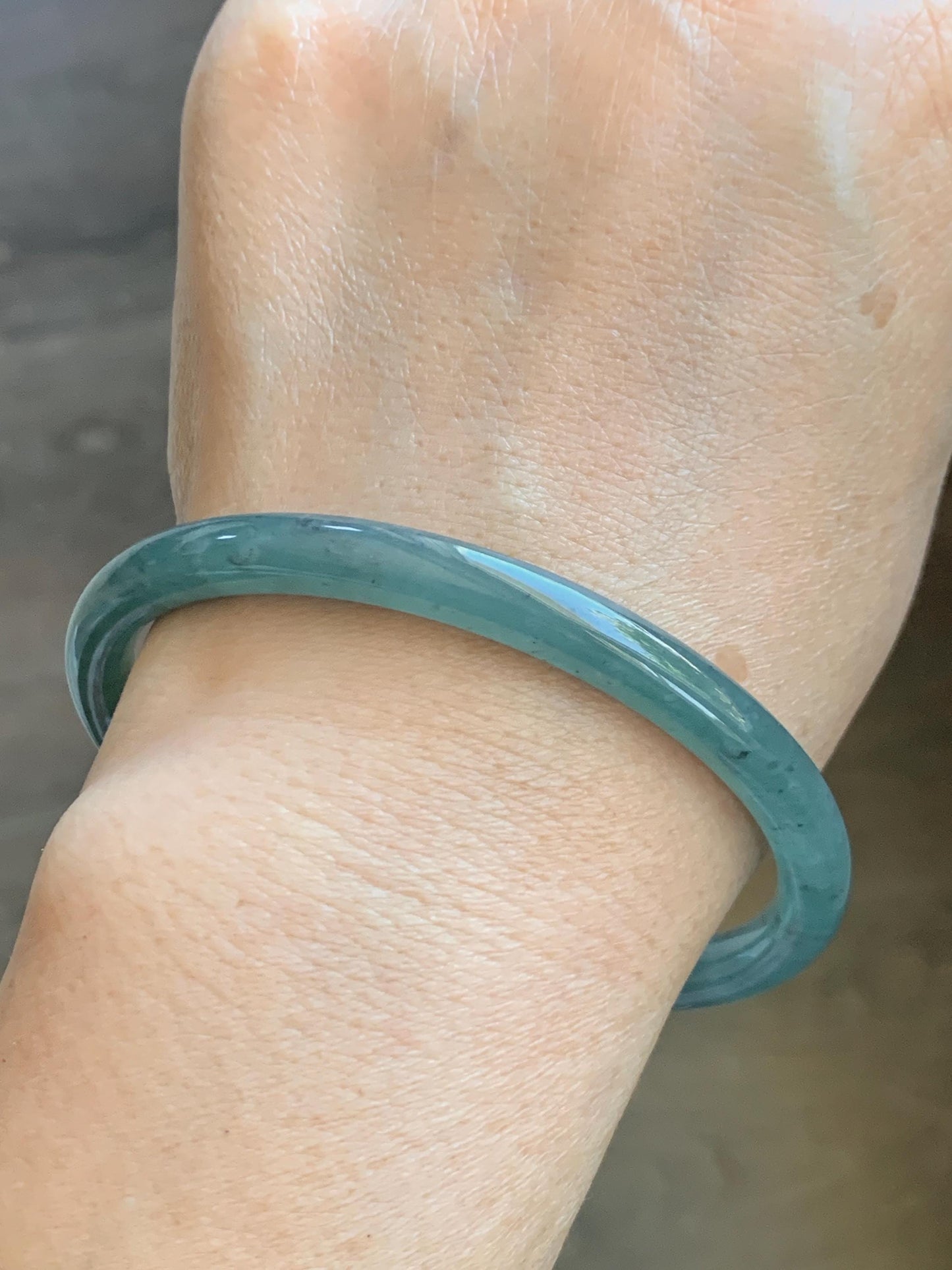 Certified Natural Grade A Guatemalan Icy Translucent Dusty Teal Green Jade Jadeite Slim Bangle 62.09mm 7.67” 23g 天然冰胶危蓝绿翡翠细圆条手镯 1172