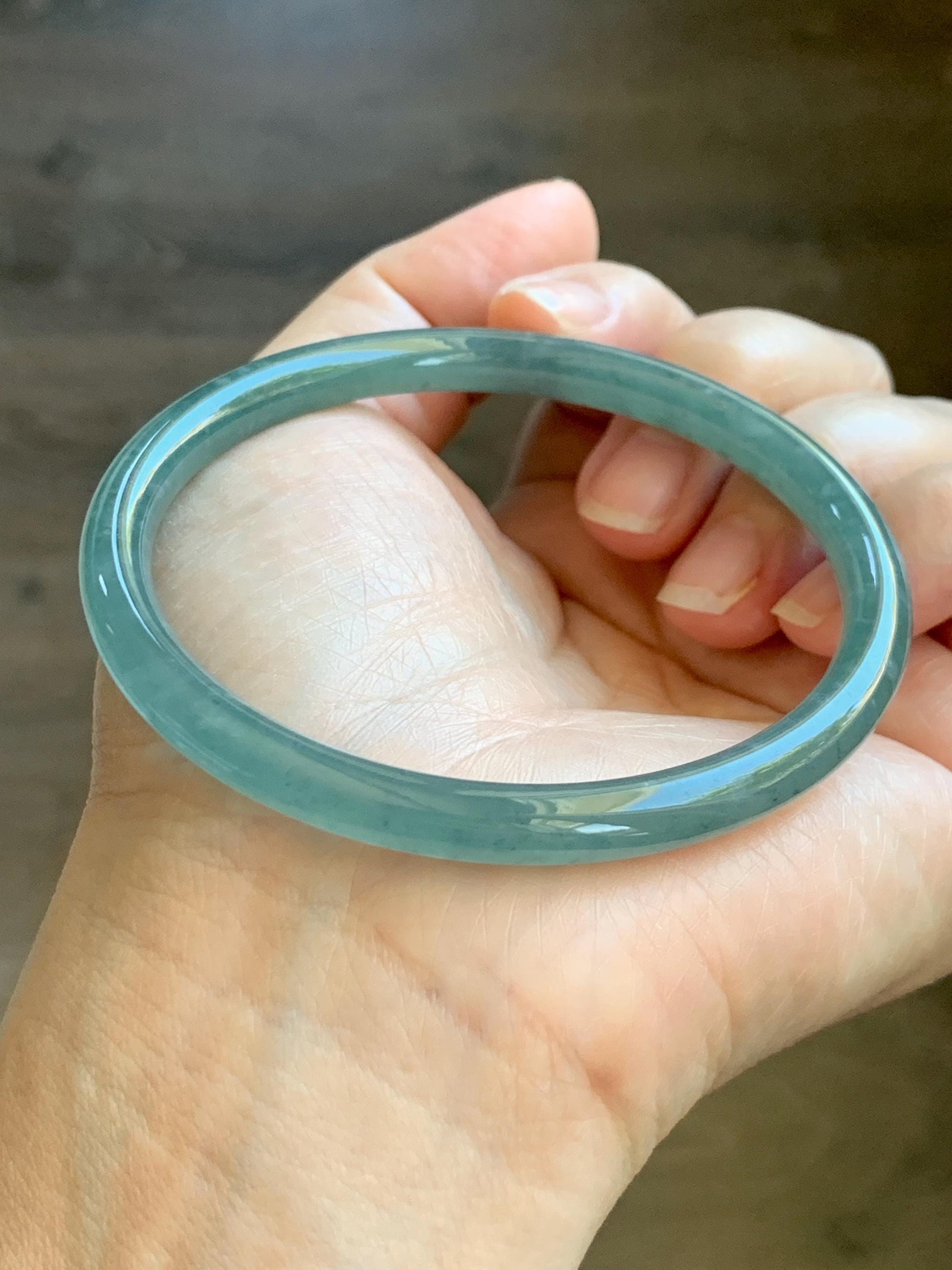 Certified Natural Grade A Guatemalan Icy Translucent Dusty Teal Green Jade Jadeite Slim Bangle 62.09mm 7.67” 23g 天然冰胶危蓝绿翡翠细圆条手镯 1172