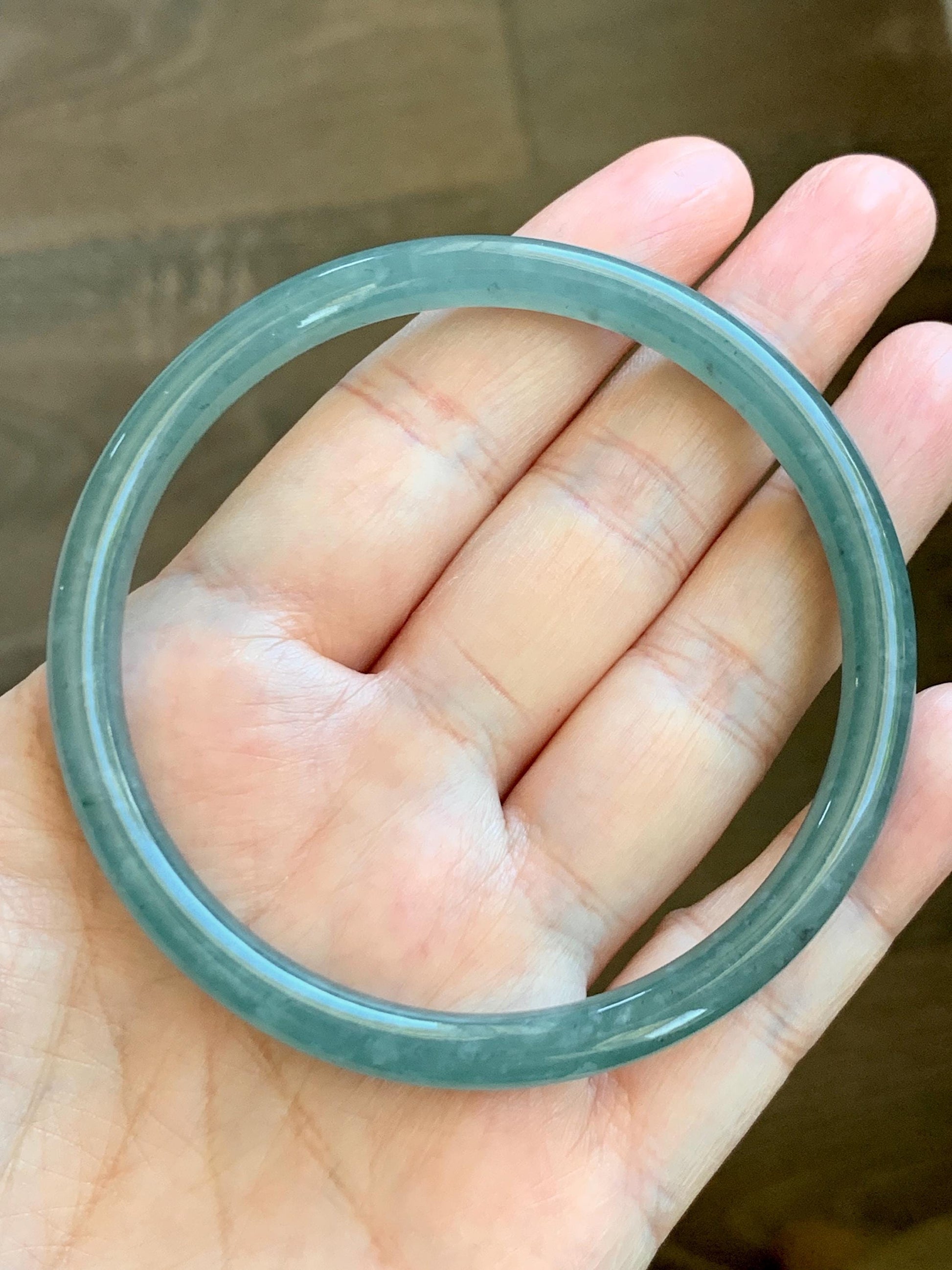 Certified Natural Grade A Guatemalan Icy Translucent Dusty Teal Green Jade Jadeite Slim Bangle 62.09mm 7.67” 23g 天然冰胶危蓝绿翡翠细圆条手镯 1172