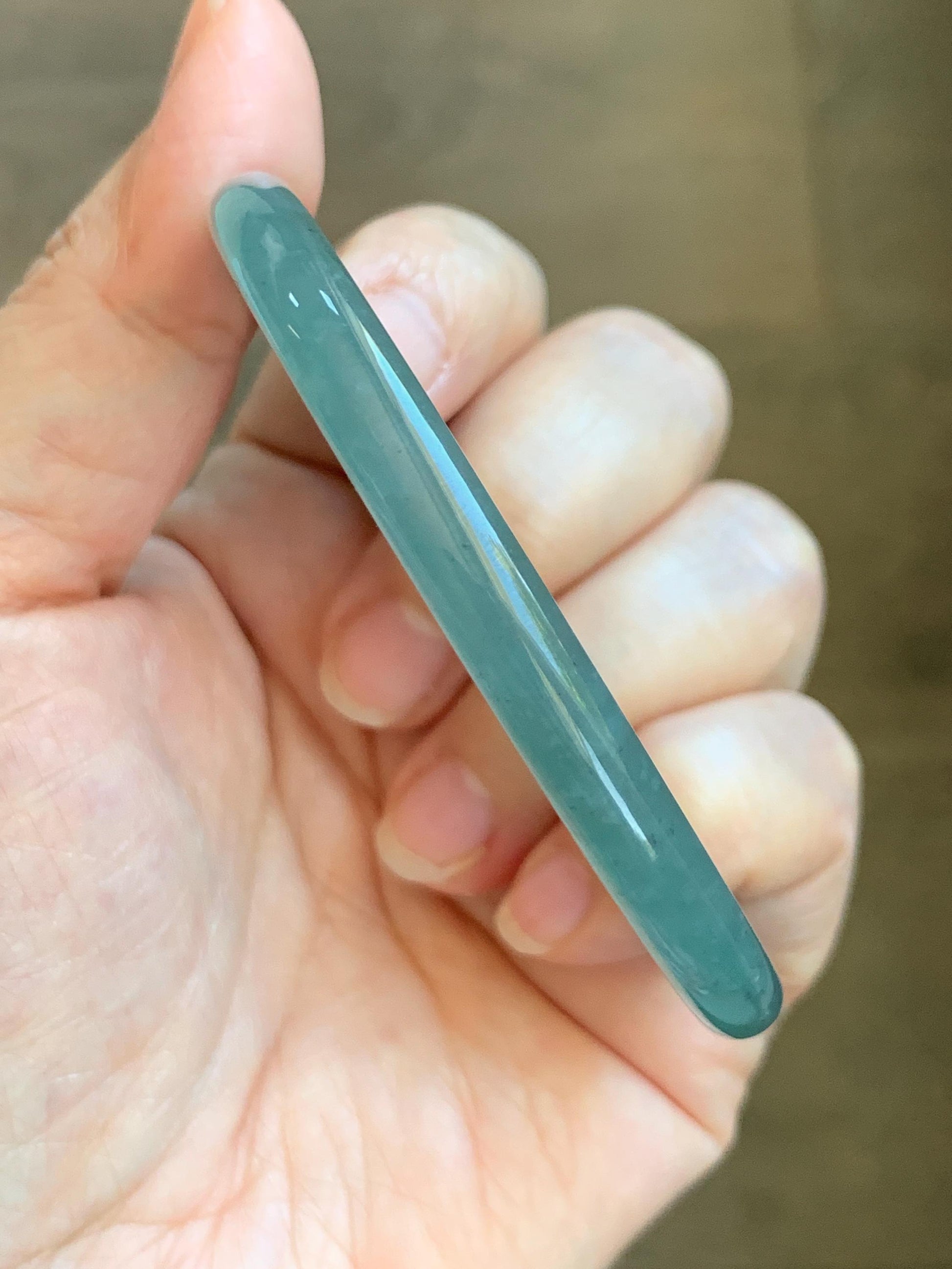 Certified Natural Grade A Guatemalan Icy Translucent Dusty Teal Green Jade Jadeite Slim Bangle 62.09mm 7.67” 23g 天然冰胶危蓝绿翡翠细圆条手镯 1172