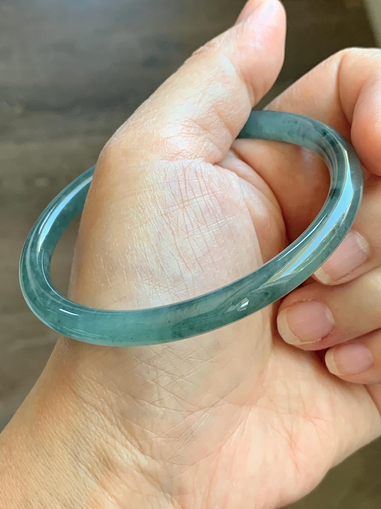 Certified Natural Grade A Guatemalan Icy Translucent Dusty Teal Green Jade Jadeite Slim Bangle 62.09mm 7.67” 24.35g 天然冰胶危蓝绿翡翠细圆条手镯 1220