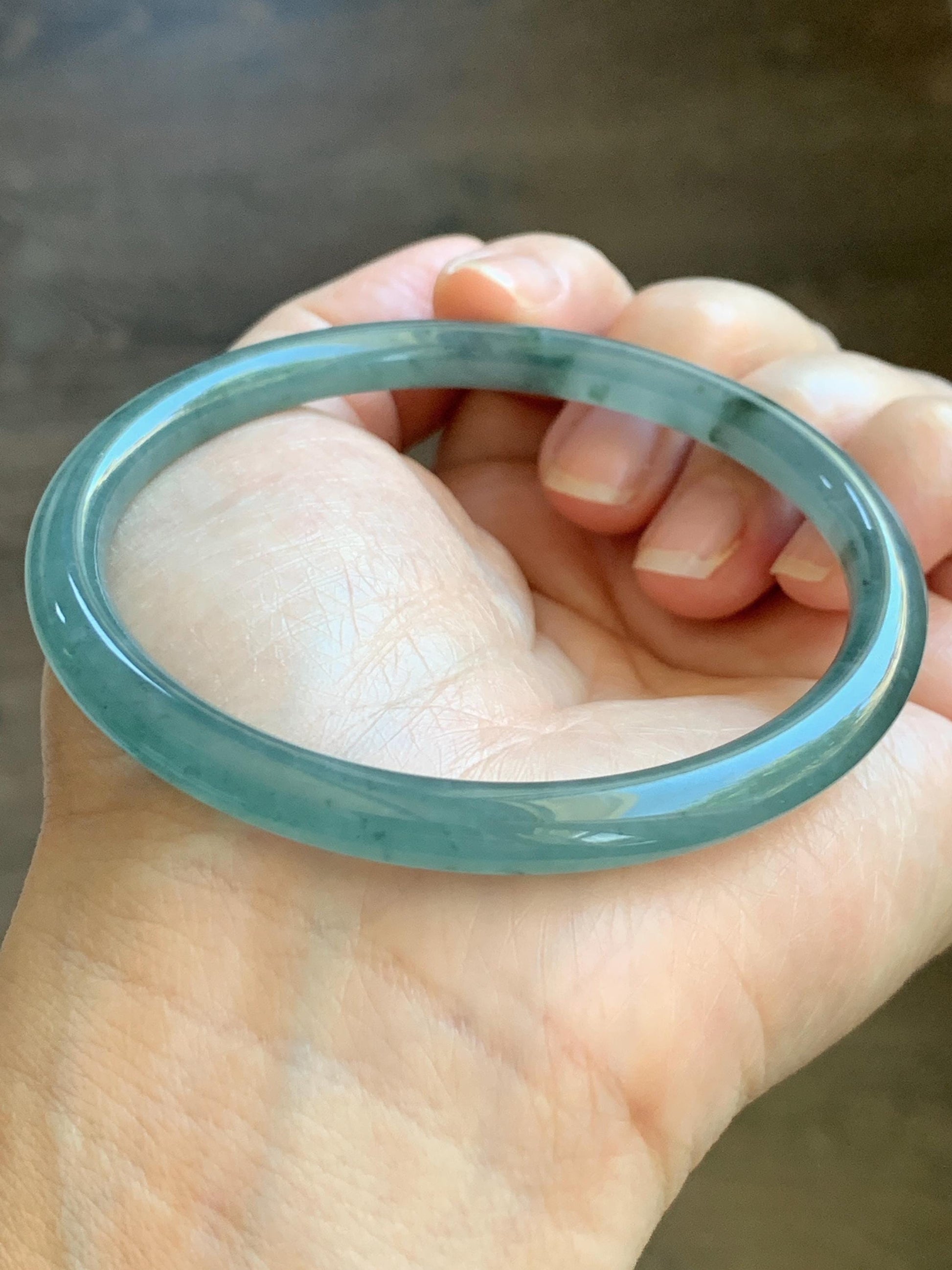 Certified Natural Grade A Guatemalan Icy Translucent Dusty Teal Green Jade Jadeite Slim Bangle 62.09mm 7.67” 24.35g 天然冰胶危蓝绿翡翠细圆条手镯 1220
