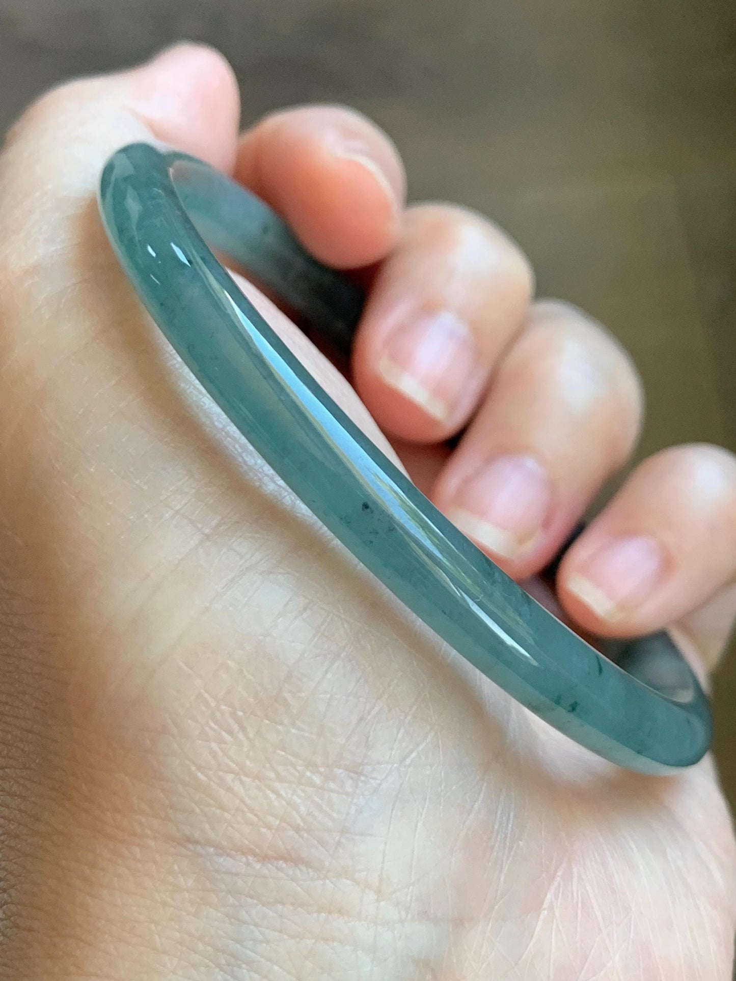 Certified Natural Grade A Guatemalan Icy Translucent Dusty Teal Green Jade Jadeite Slim Bangle 62.09mm 7.67” 24.35g 天然冰胶危蓝绿翡翠细圆条手镯 1220