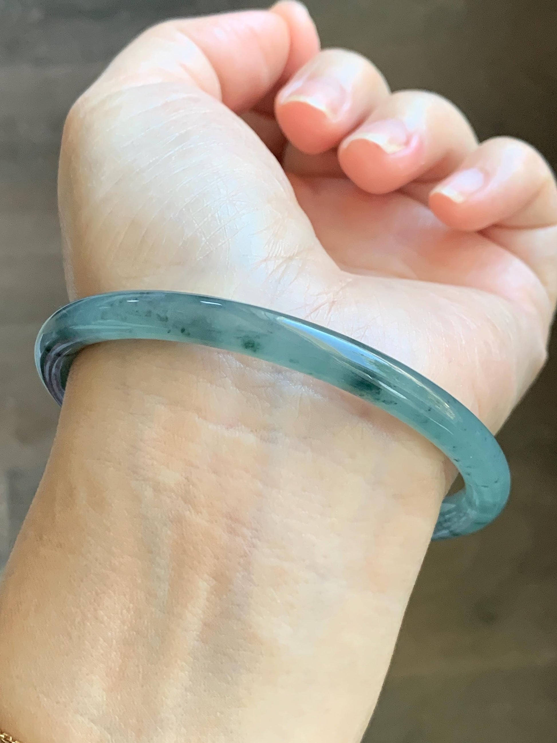 Certified Natural Grade A Guatemalan Icy Translucent Dusty Teal Green Jade Jadeite Slim Bangle 62.09mm 7.67” 24.35g 天然冰胶危蓝绿翡翠细圆条手镯 1220