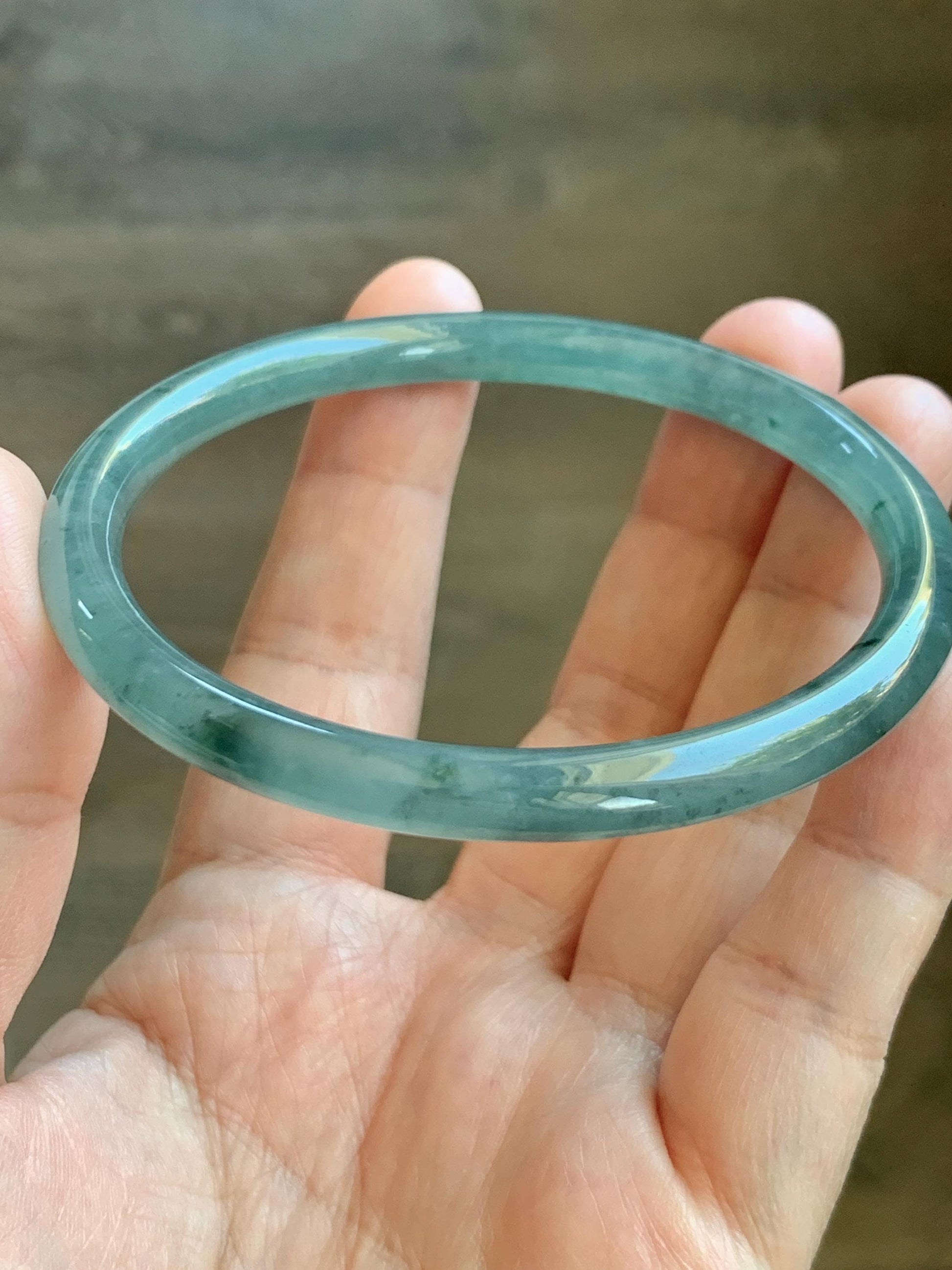 Certified Natural Grade A Guatemalan Icy Translucent Dusty Teal Green Jade Jadeite Slim Bangle 62.09mm 7.67” 24.35g 天然冰胶危蓝绿翡翠细圆条手镯 1220