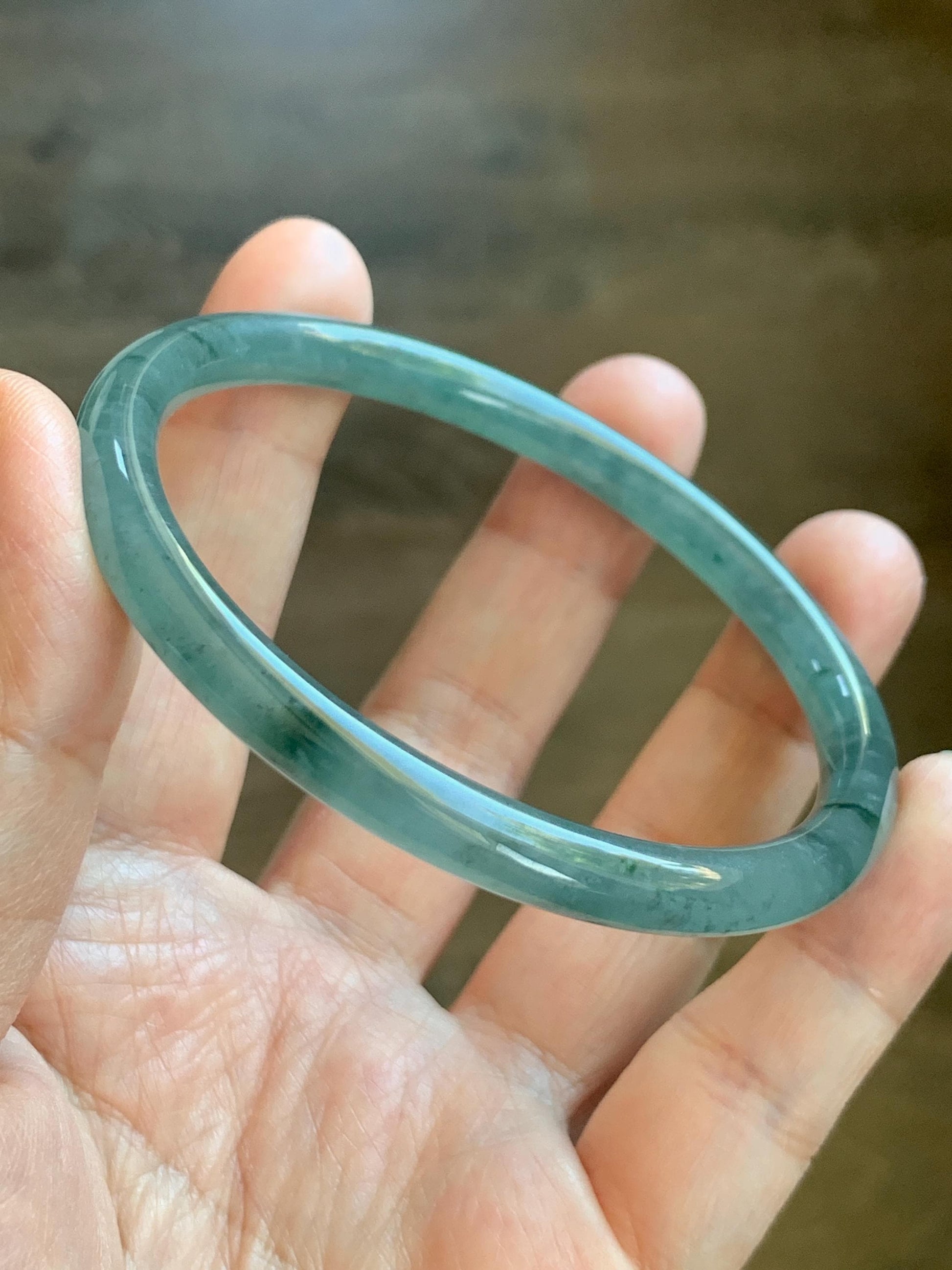 Certified Natural Grade A Guatemalan Icy Translucent Dusty Teal Green Jade Jadeite Slim Bangle 62.09mm 7.67” 24.35g 天然冰胶危蓝绿翡翠细圆条手镯 1220