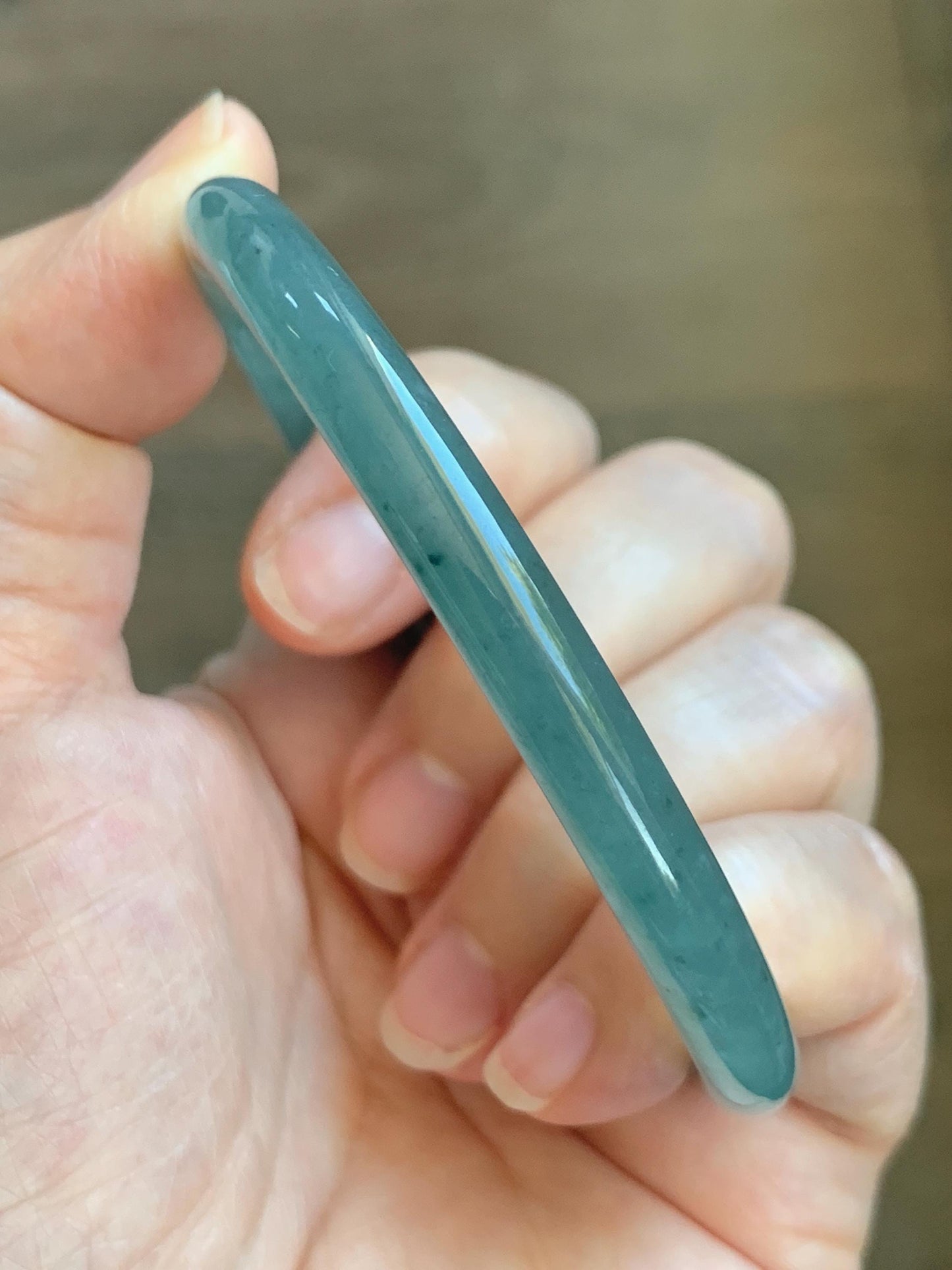 Certified Natural Grade A Guatemalan Icy Translucent Dusty Teal Green Jade Jadeite Slim Bangle 62.09mm 7.67” 24.35g 天然冰胶危蓝绿翡翠细圆条手镯 1220