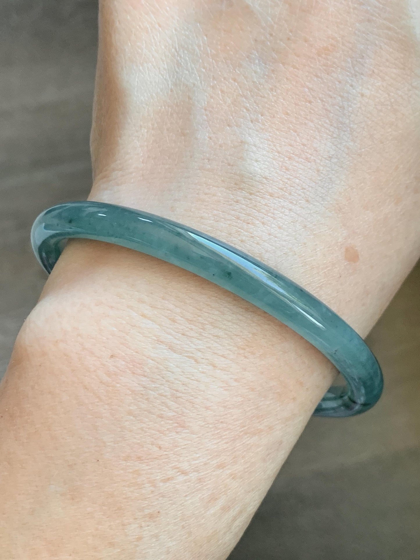 Certified Natural Grade A Guatemalan Icy Translucent Dusty Teal Green Jade Jadeite Slim Bangle 62.09mm 7.67” 24.35g 天然冰胶危蓝绿翡翠细圆条手镯 1220
