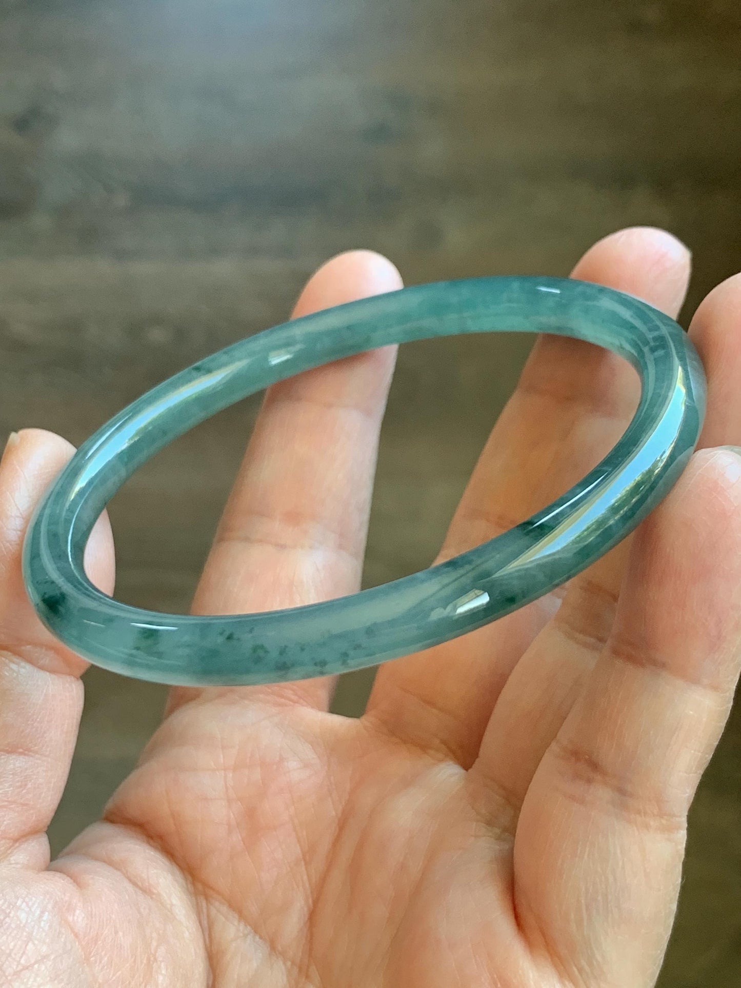 Certified Natural Grade A Guatemalan Icy Translucent Dusty Teal Green Jade Jadeite Slim Bangle 62.09mm 7.67” 24.35g 天然冰胶危蓝绿翡翠细圆条手镯 1220
