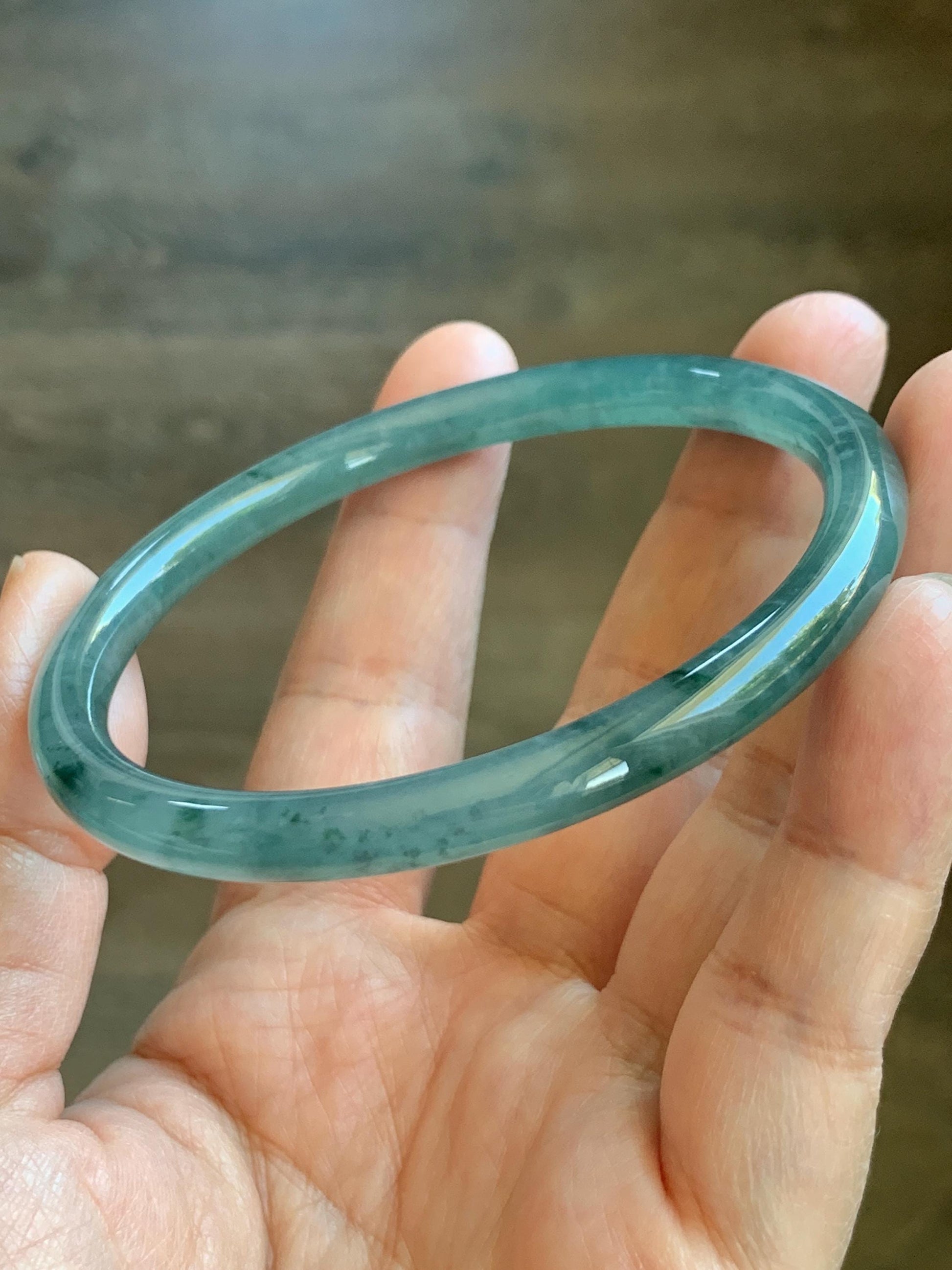 Certified Natural Grade A Guatemalan Icy Translucent Dusty Teal Green Jade Jadeite Slim Bangle 62.09mm 7.67” 24.35g 天然冰胶危蓝绿翡翠细圆条手镯 1220