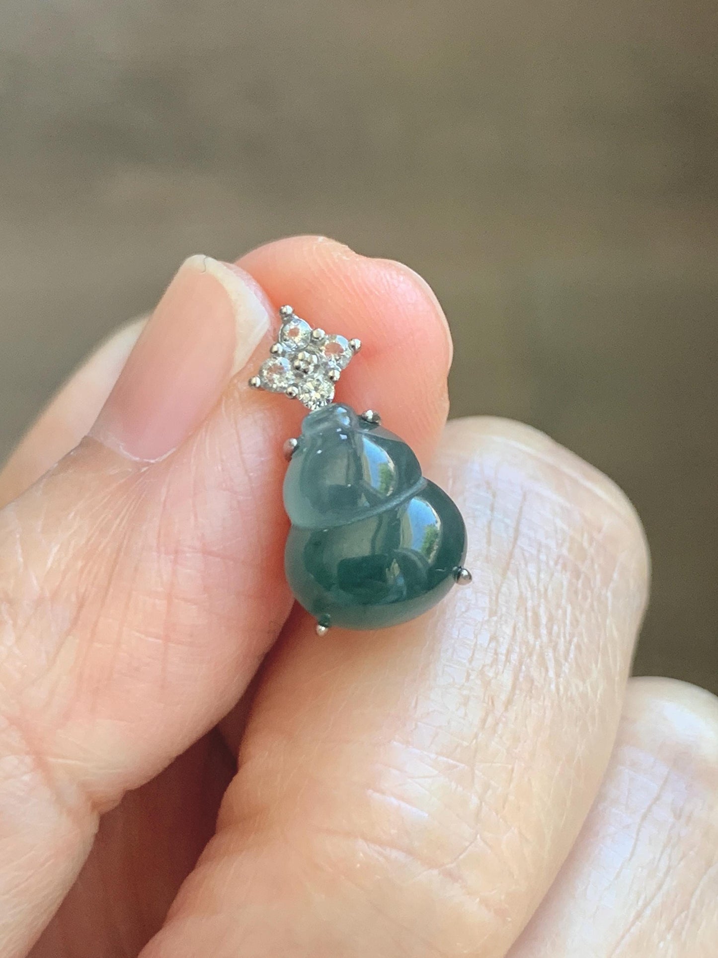 Natural Grade A Guatemalan Icy Translucent Dark Dusty Teal Green Jade Jadeite Gourd Hulu Pendant Sterling Silver 天然冰危深蓝绿翡翠葫芦吊坠 WXH77A
