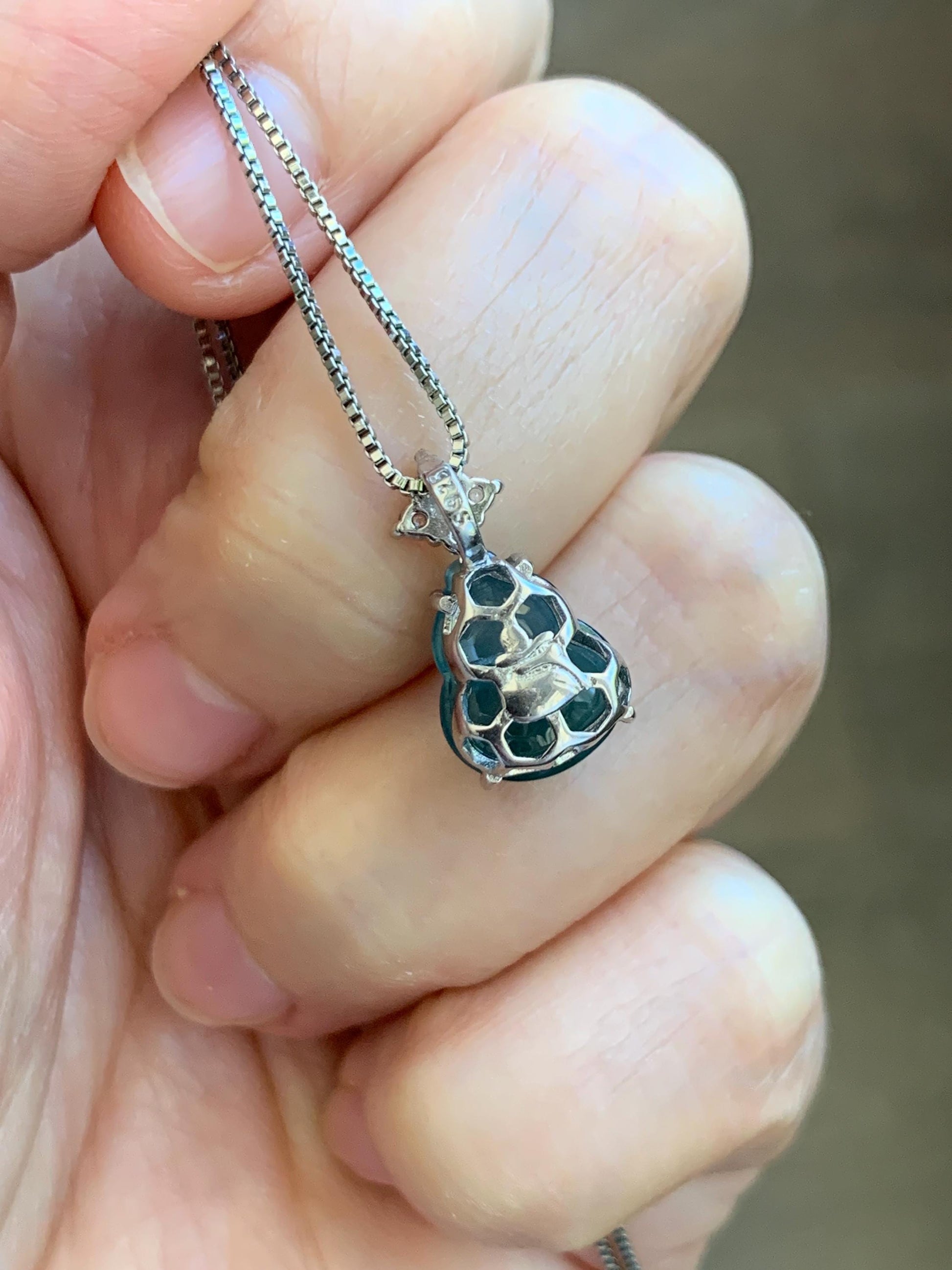 Natural Grade A Guatemalan Icy Translucent Dark Dusty Teal Green Jade Jadeite Gourd Hulu Pendant Sterling Silver 天然冰危深蓝绿翡翠葫芦吊坠 WXH77A