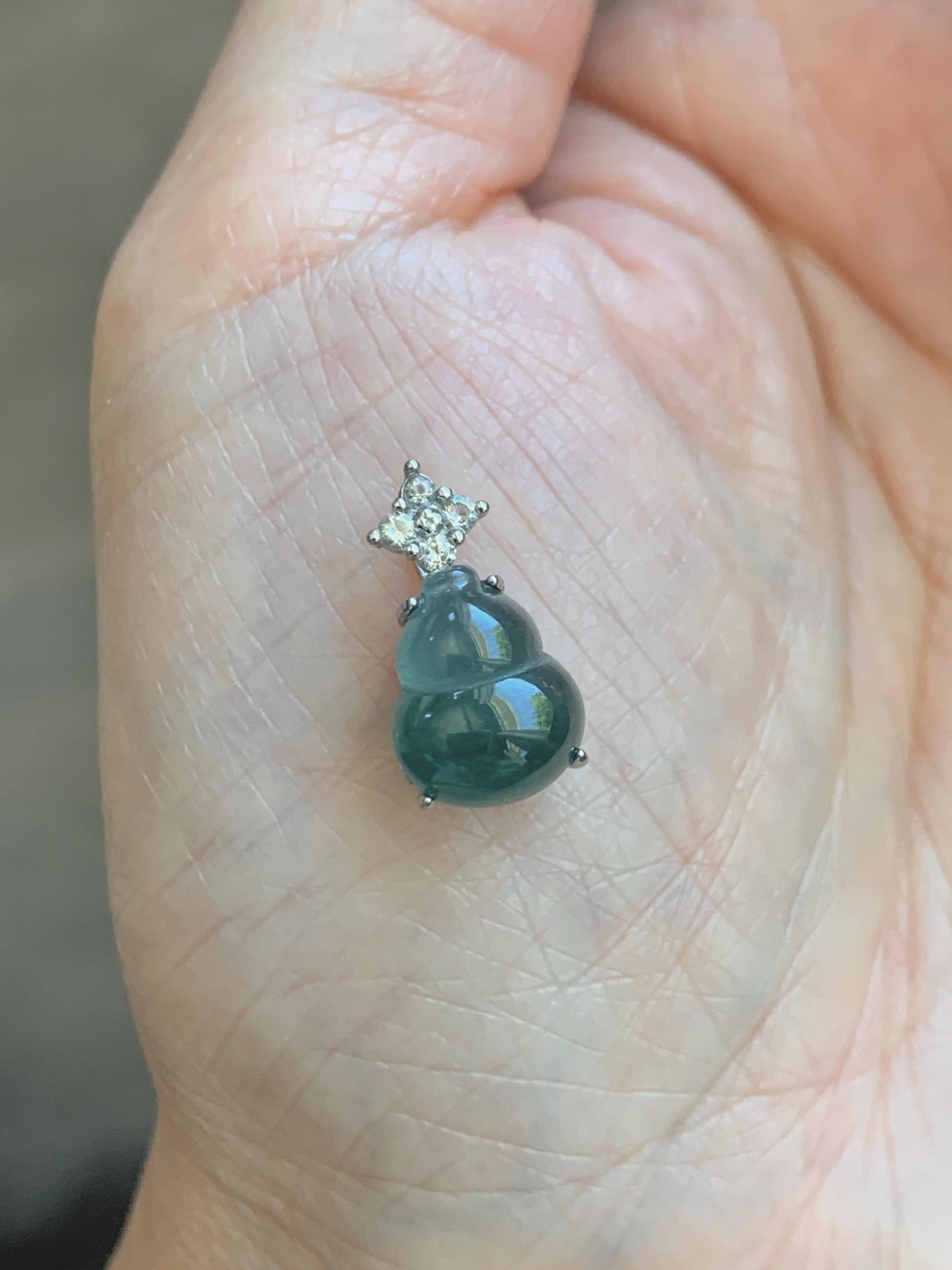 Natural Grade A Guatemalan Icy Translucent Dark Dusty Teal Green Jade Jadeite Gourd Hulu Pendant Sterling Silver 天然冰危深蓝绿翡翠葫芦吊坠 WXH77A