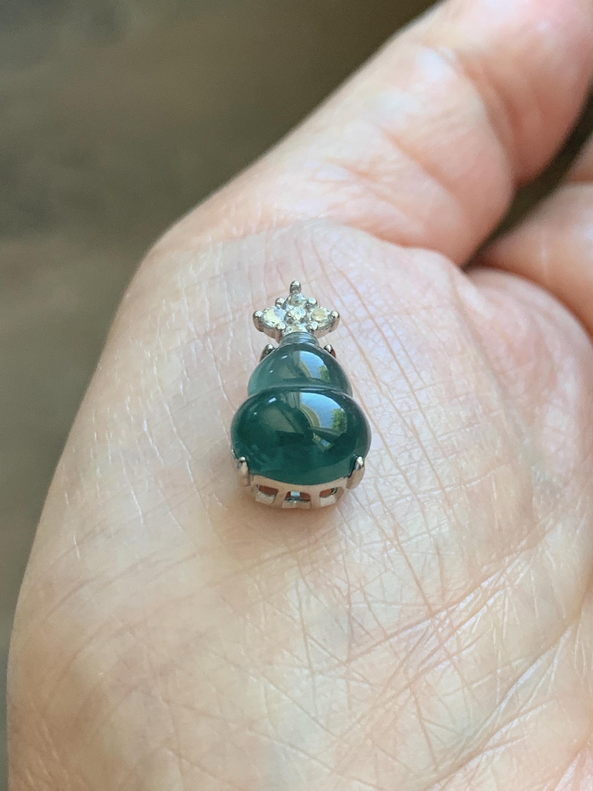 Natural Grade A Guatemalan Icy Translucent Dark Dusty Teal Green Jade Jadeite Gourd Hulu Pendant Sterling Silver 天然冰危深蓝绿翡翠葫芦吊坠 WXH77A