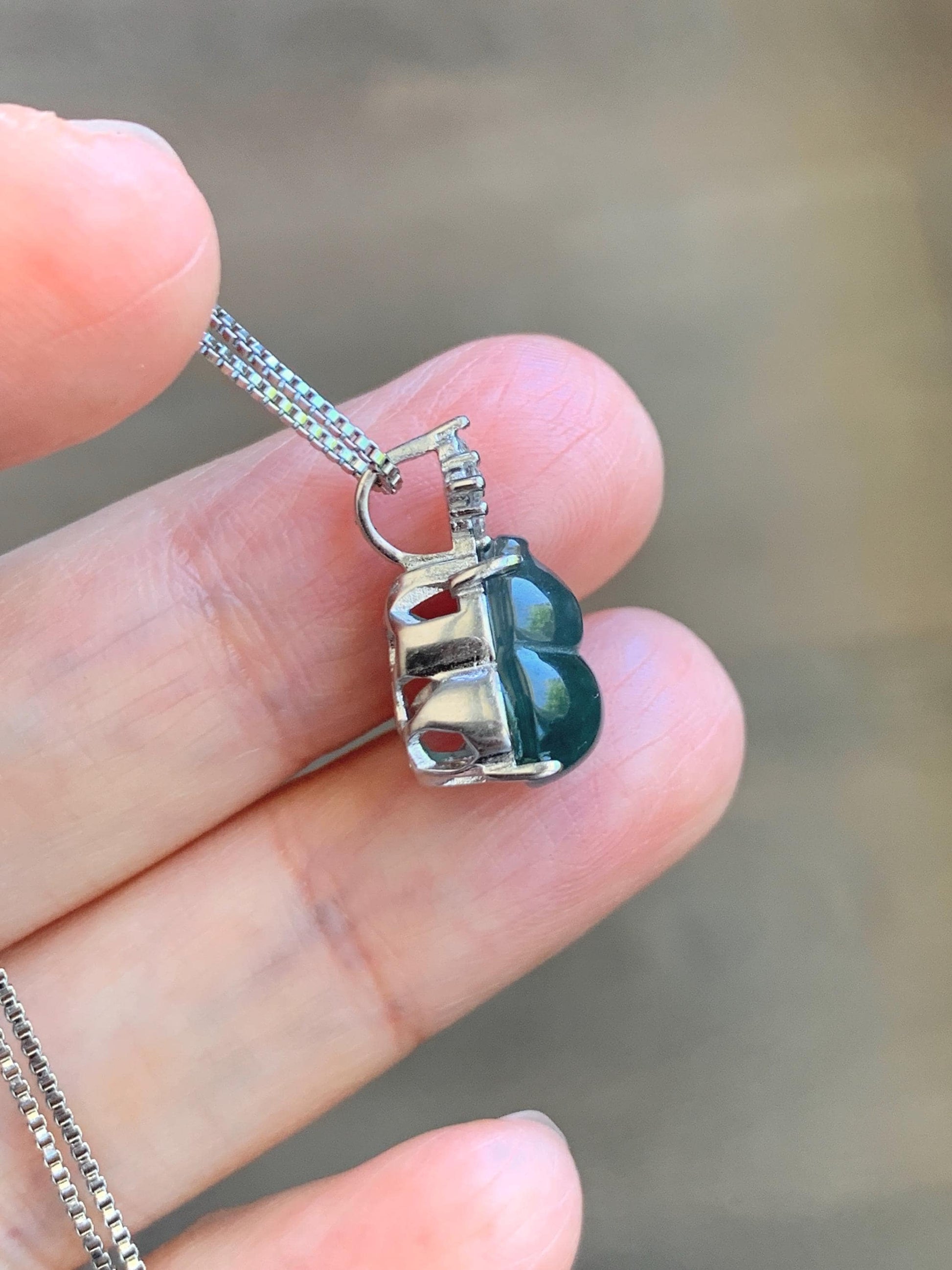 Natural Grade A Guatemalan Icy Translucent Dark Dusty Teal Green Jade Jadeite Gourd Hulu Pendant Sterling Silver 天然冰危深蓝绿翡翠葫芦吊坠 WXH77A