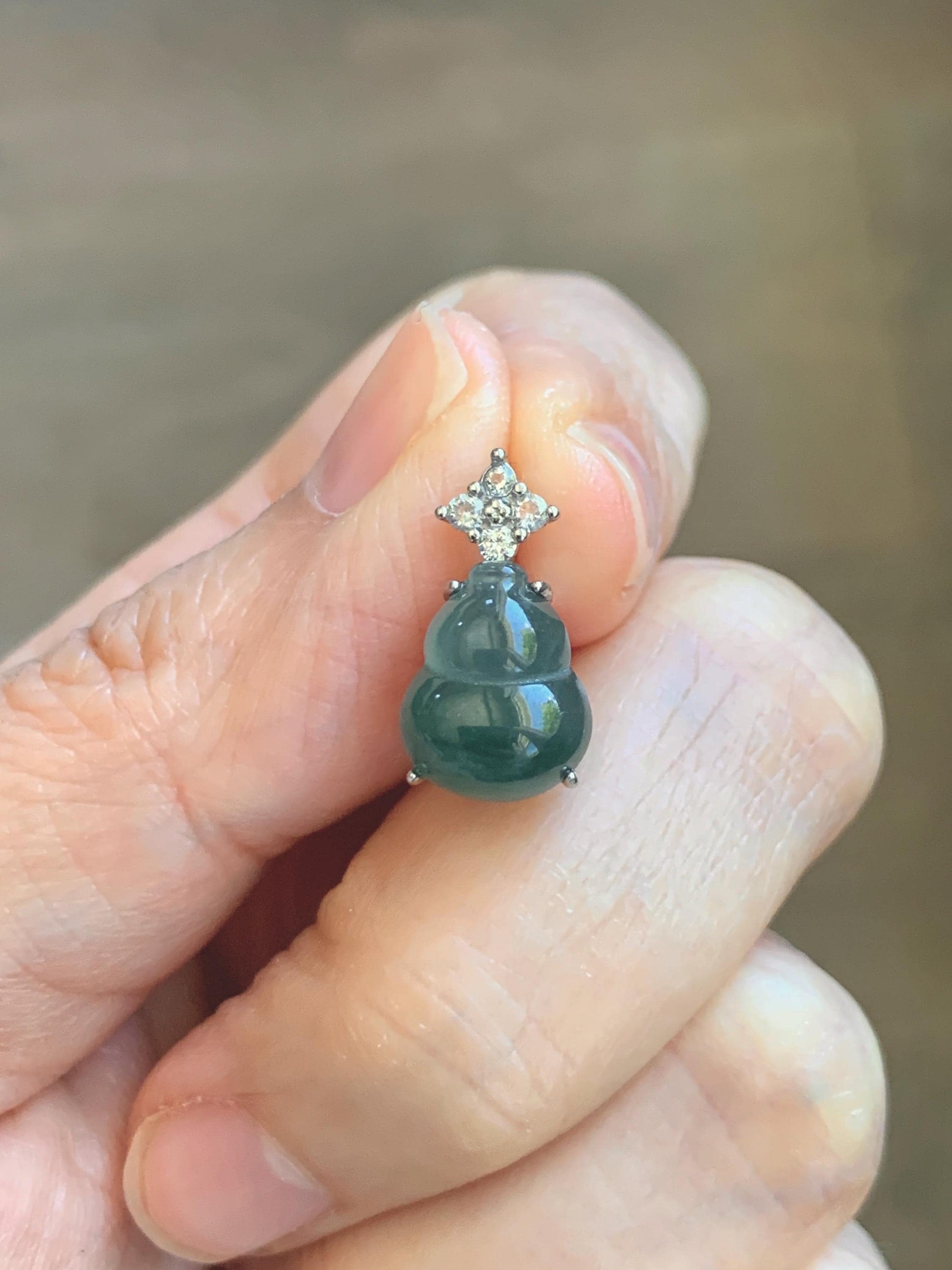 Natural Grade A Guatemalan Icy Translucent Dark Dusty Teal Green Jade Jadeite Gourd Hulu Pendant Sterling Silver 天然冰危深蓝绿翡翠葫芦吊坠 WXH77A