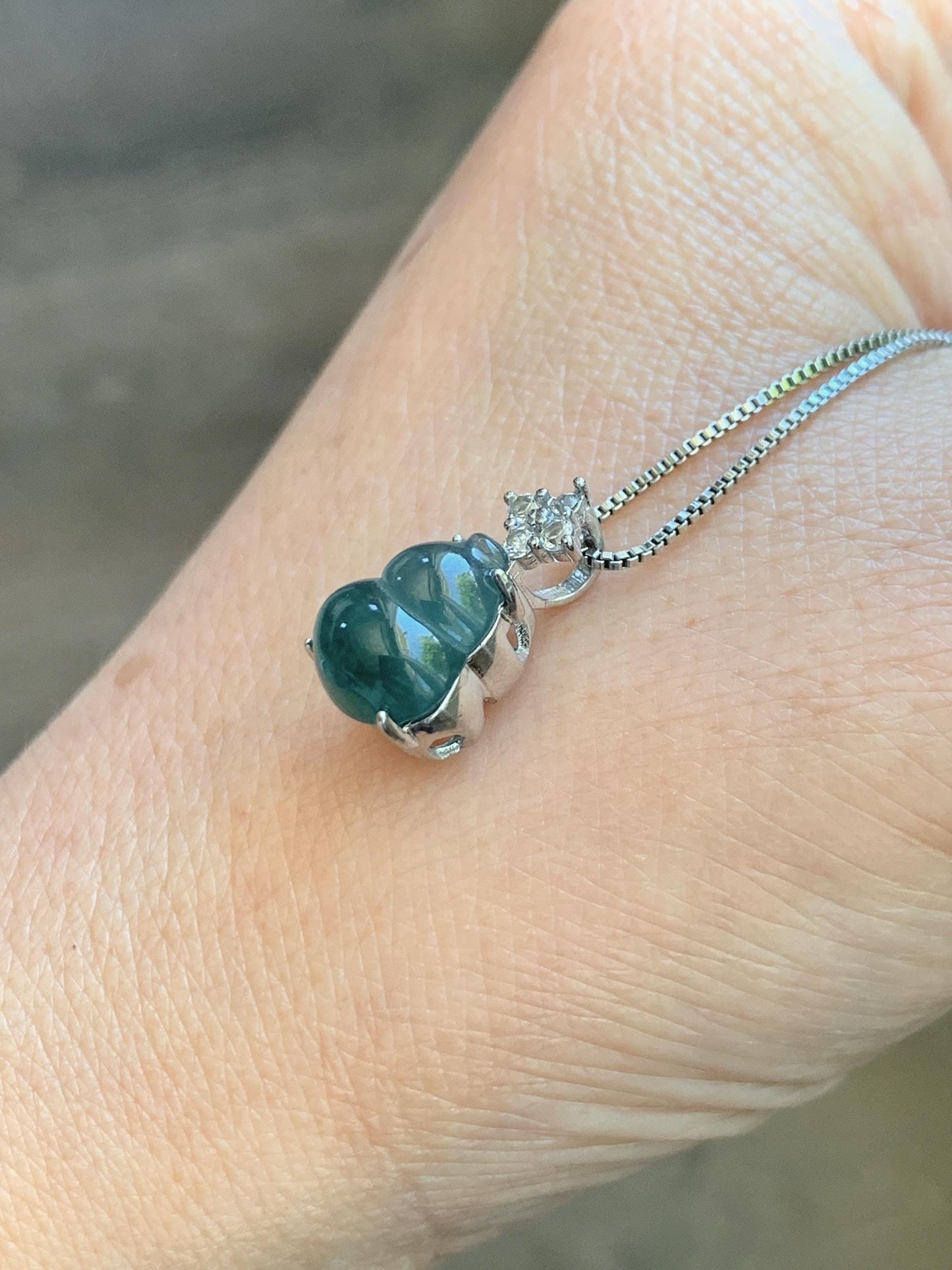 Natural Grade A Guatemalan Icy Translucent Dark Dusty Teal Green Jade Jadeite Gourd Hulu Pendant Sterling Silver 天然冰危深蓝绿翡翠葫芦吊坠 WXH77A