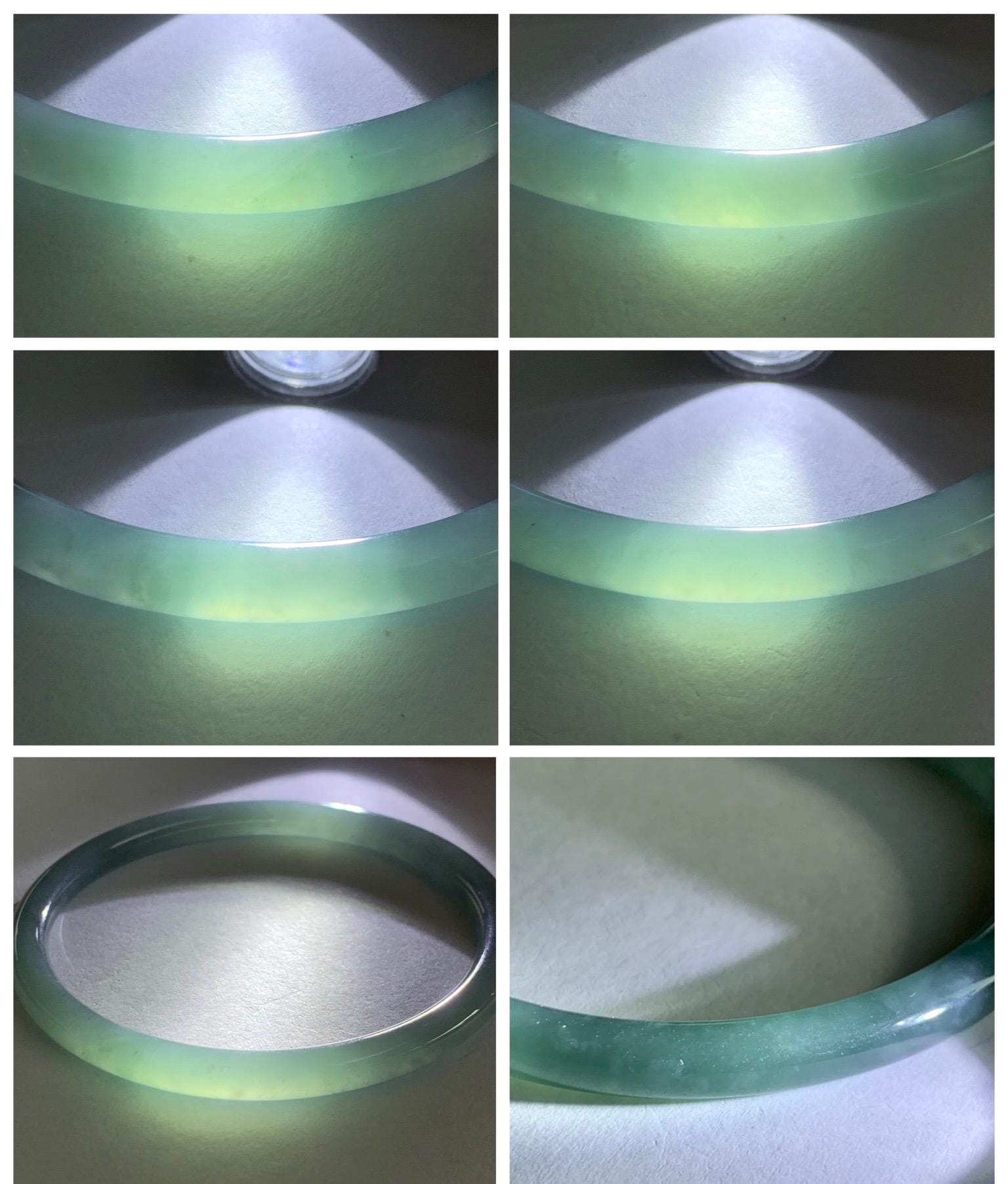 Certified Natural Grade A Guatemalan Icy Translucent Dusty Teal Blue Jade Jadeite Slim Bangle 65.6mm 8.1” 23.7g 天然冰胶危蓝绿翡翠细圆条手镯 1212