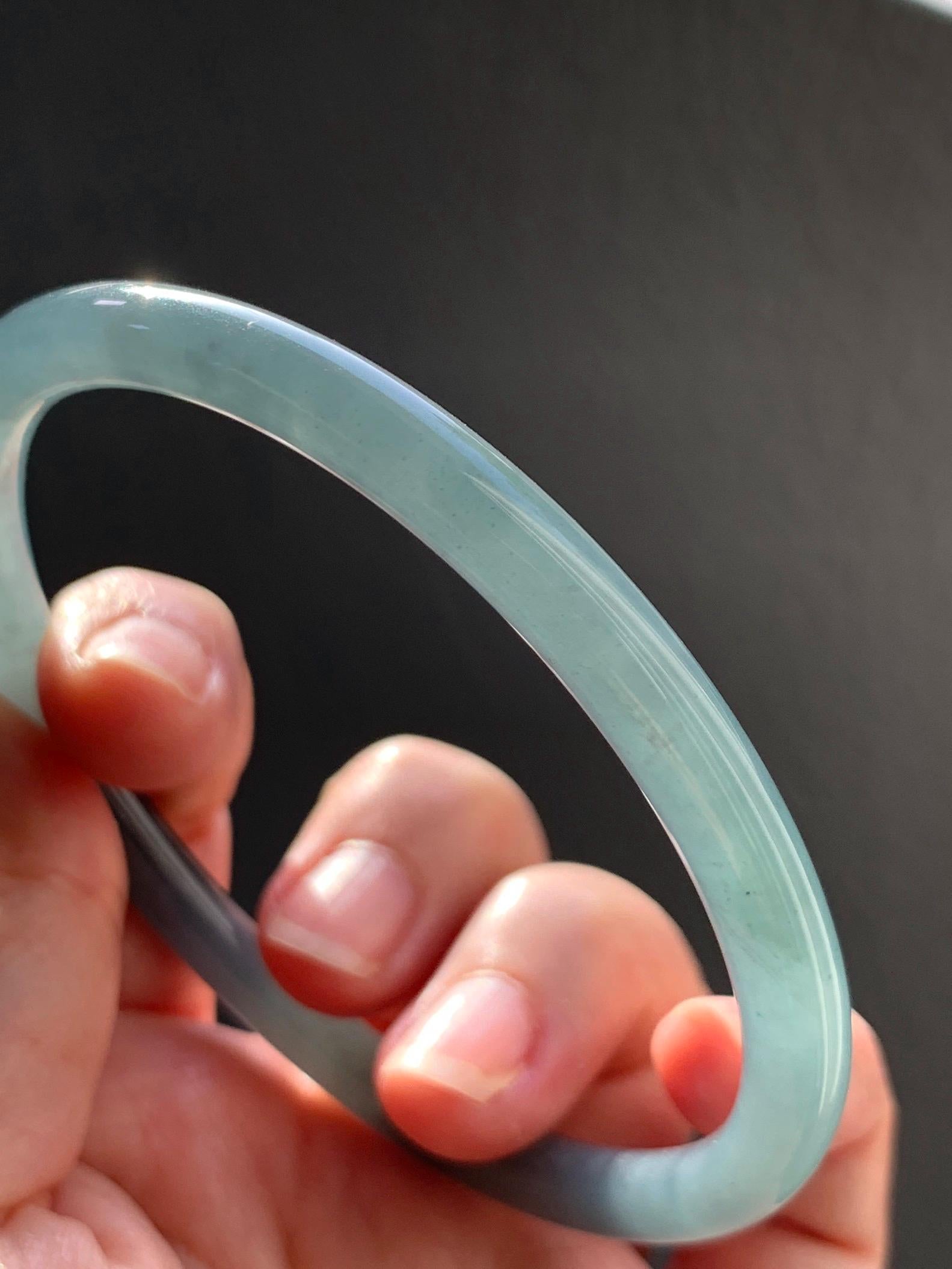 Certified Natural Grade A Guatemalan Icy Translucent Dusty Teal Blue Jade Jadeite Slim Bangle 65.6mm 8.1” 23.7g 天然冰胶危蓝绿翡翠细圆条手镯 1212