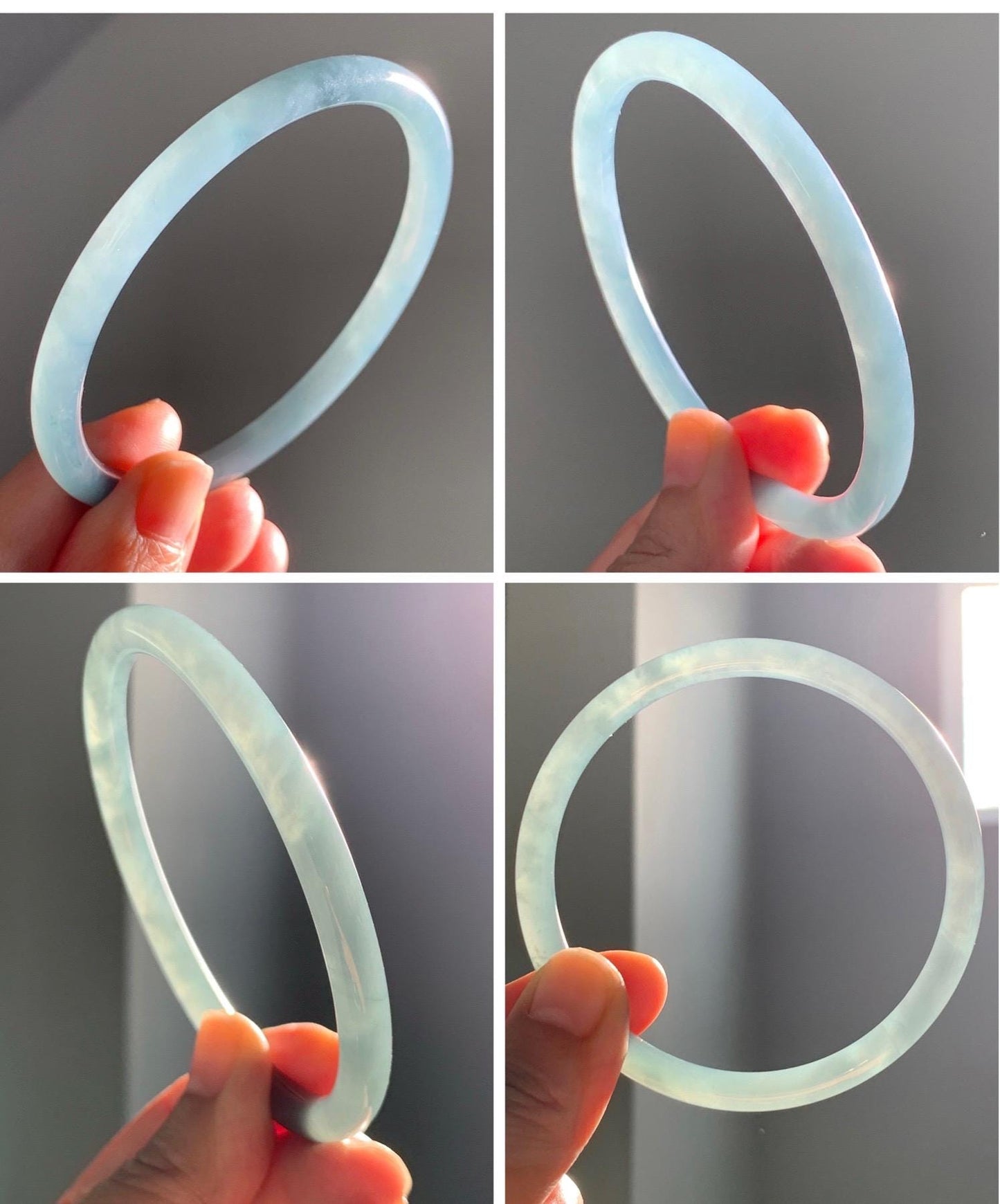 Certified Natural Grade A Guatemalan Icy Translucent Dusty Teal Blue Jade Jadeite Slim Bangle 65.6mm 8.1” 23.7g 天然冰胶危蓝绿翡翠细圆条手镯 1212