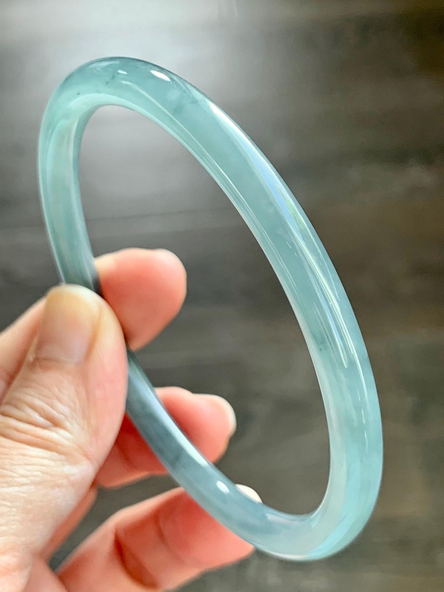 Certified Natural Grade A Guatemalan Icy Translucent Dusty Teal Blue Jade Jadeite Slim Bangle 65.6mm 8.1” 23.7g 天然冰胶危蓝绿翡翠细圆条手镯 1212