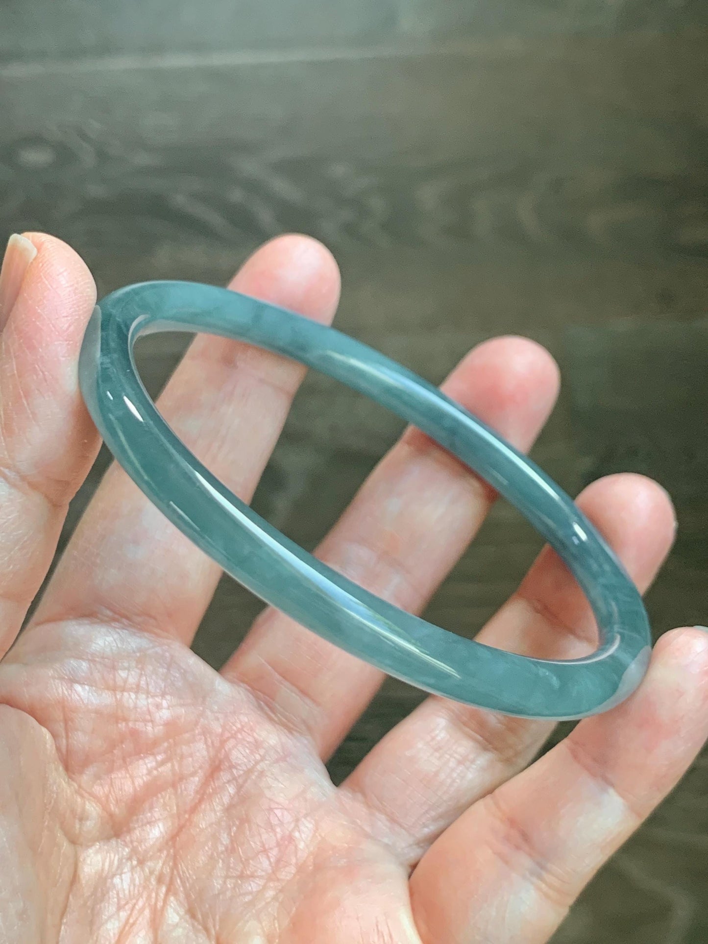Certified Natural Grade A Guatemalan Icy Translucent Dusty Teal Blue Jade Jadeite Slim Bangle 65.6mm 8.1” 23.7g 天然冰胶危蓝绿翡翠细圆条手镯 1212