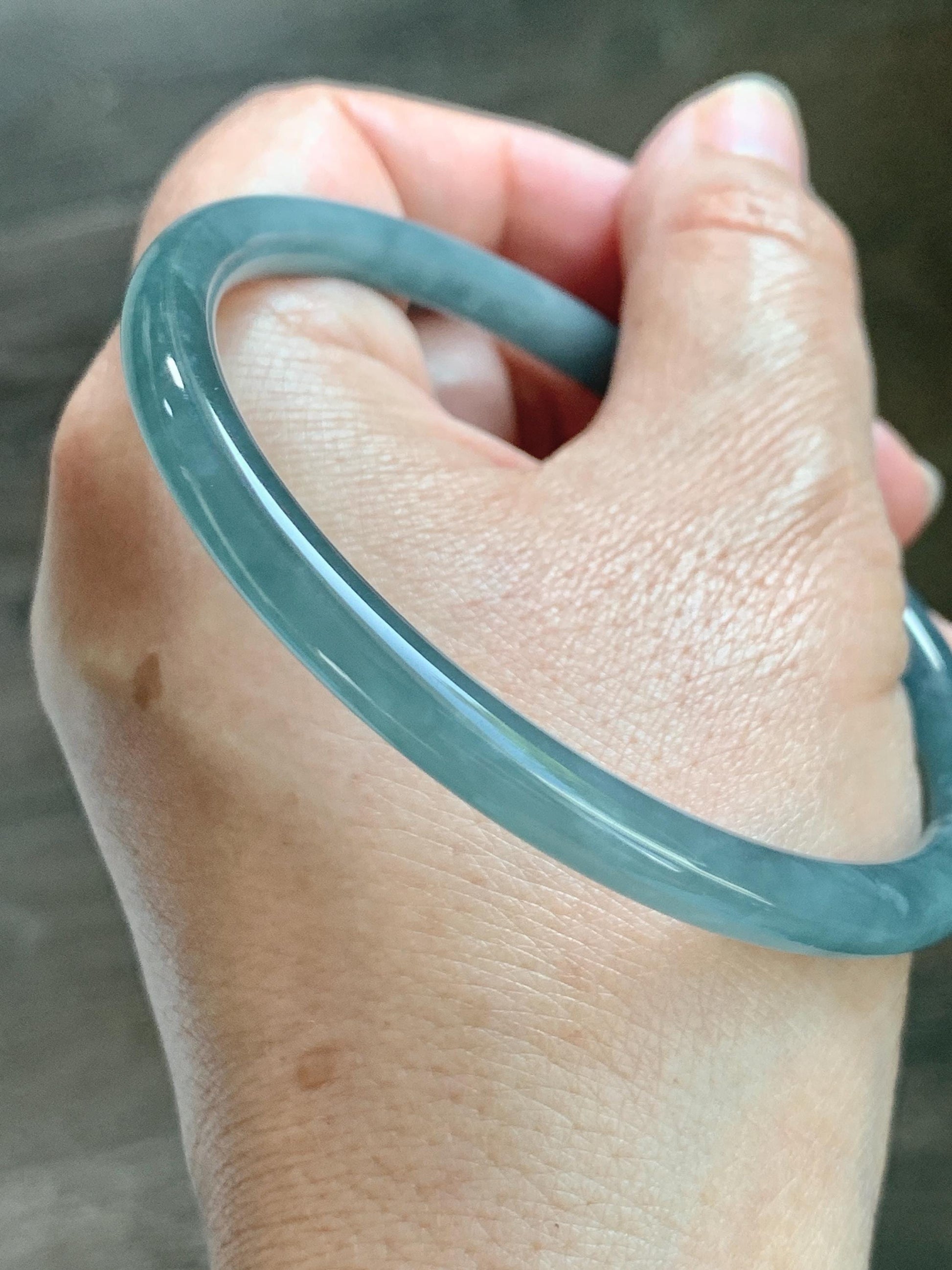Certified Natural Grade A Guatemalan Icy Translucent Dusty Teal Blue Jade Jadeite Slim Bangle 65.6mm 8.1” 23.7g 天然冰胶危蓝绿翡翠细圆条手镯 1212