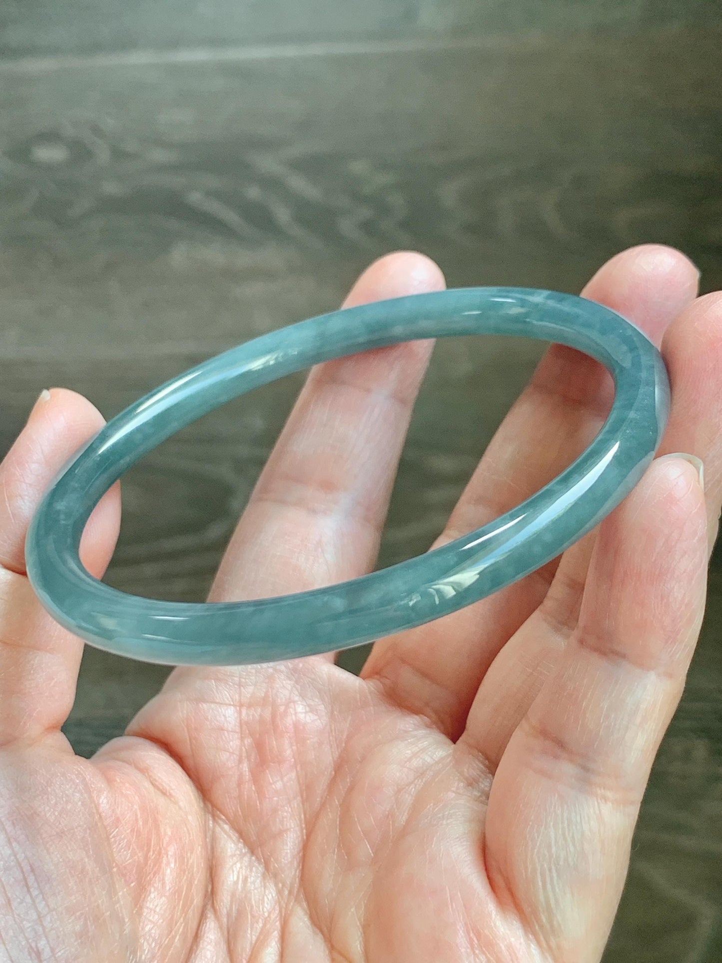 Certified Natural Grade A Guatemalan Icy Translucent Dusty Teal Blue Jade Jadeite Slim Bangle 65.6mm 8.1” 23.7g 天然冰胶危蓝绿翡翠细圆条手镯 1212