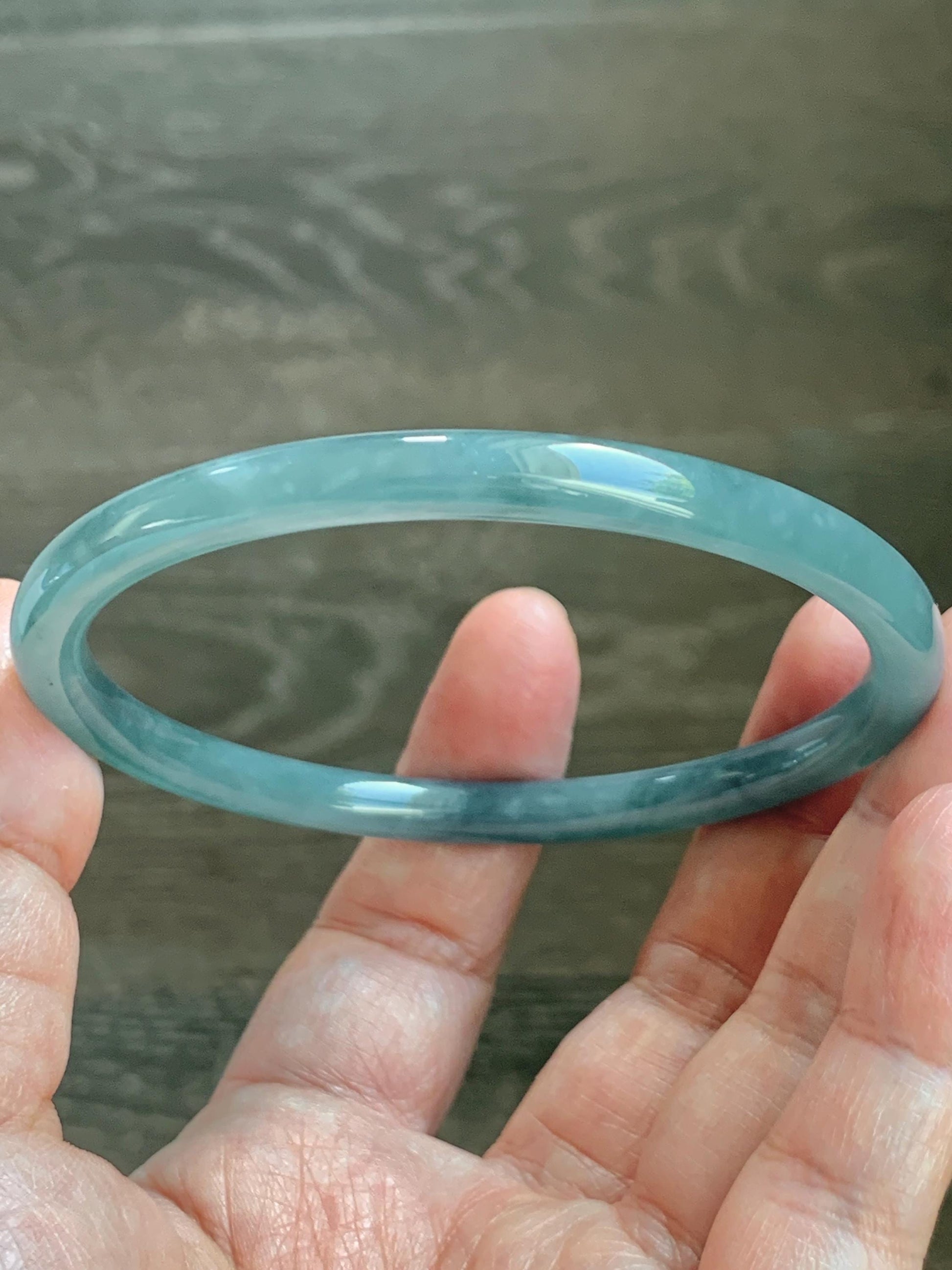 Certified Natural Grade A Guatemalan Icy Translucent Dusty Teal Blue Jade Jadeite Slim Bangle 65.6mm 8.1” 23.7g 天然冰胶危蓝绿翡翠细圆条手镯 1212