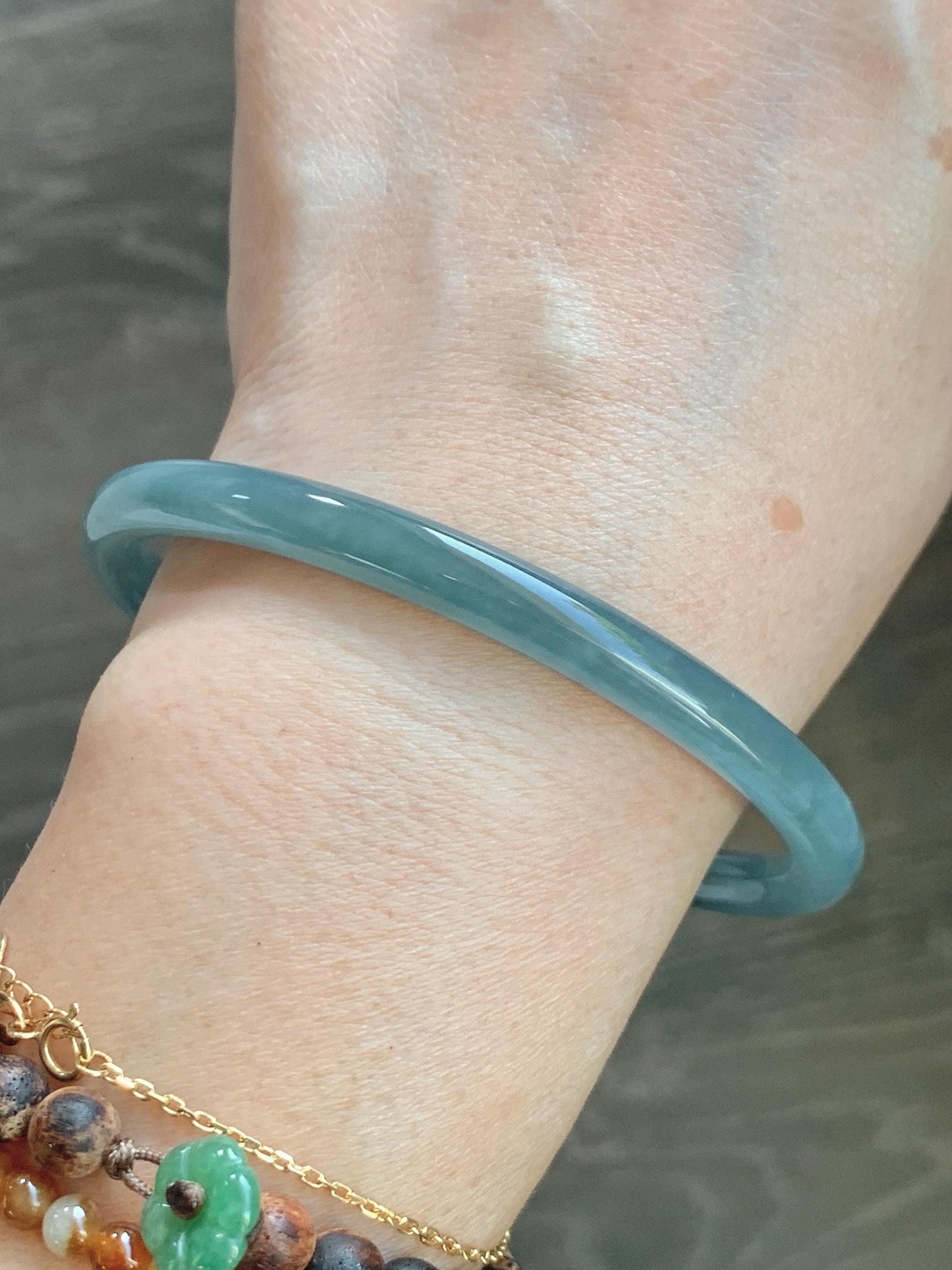 Certified Natural Grade A Guatemalan Icy Translucent Dusty Teal Blue Jade Jadeite Slim Bangle 65.6mm 8.1” 23.7g 天然冰胶危蓝绿翡翠细圆条手镯 1212
