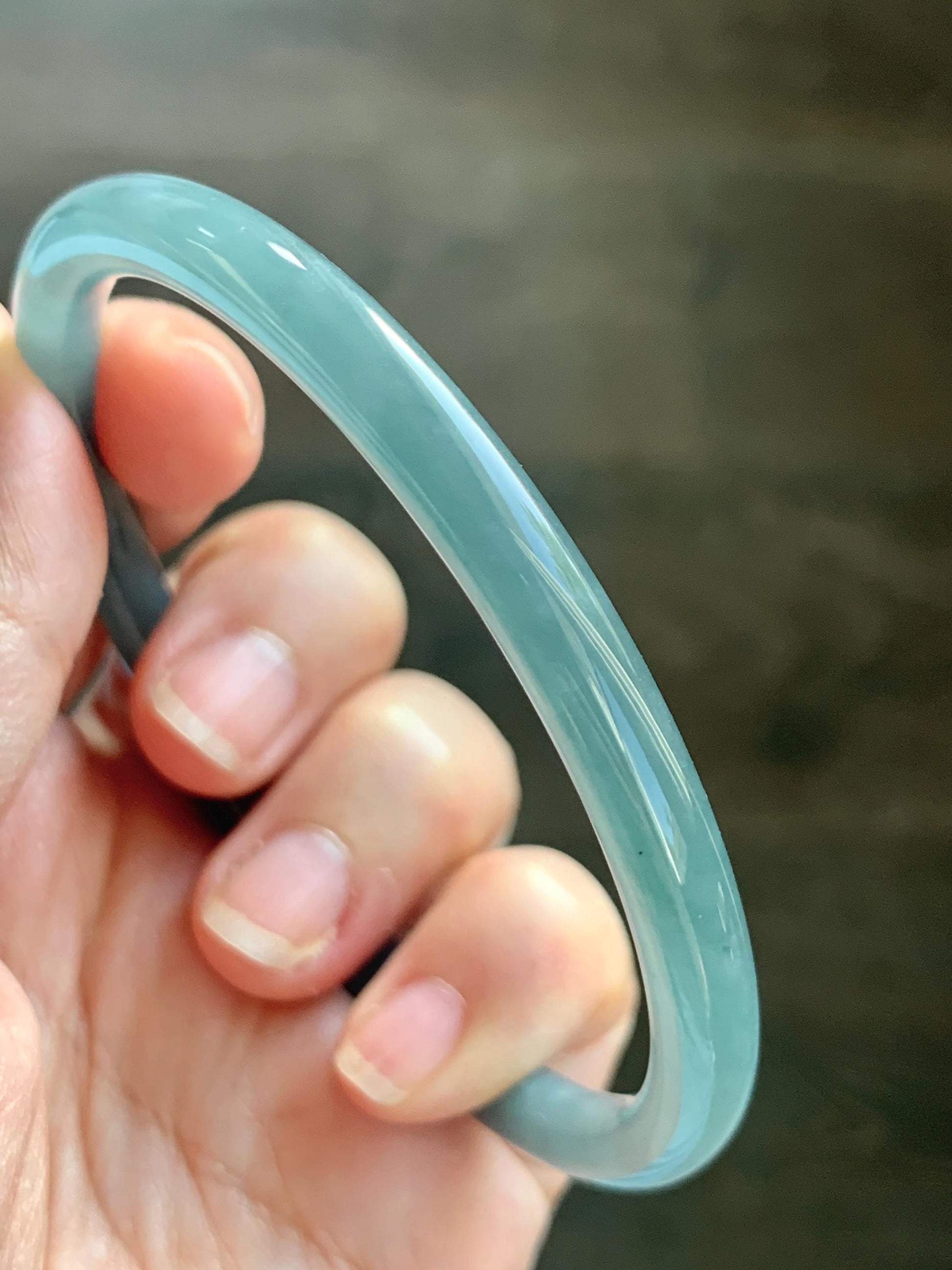 Certified Natural Grade A Guatemalan Icy Translucent Dusty Teal Blue Jade Jadeite Slim Bangle 65.6mm 8.1” 23.7g 天然冰胶危蓝绿翡翠细圆条手镯 1212