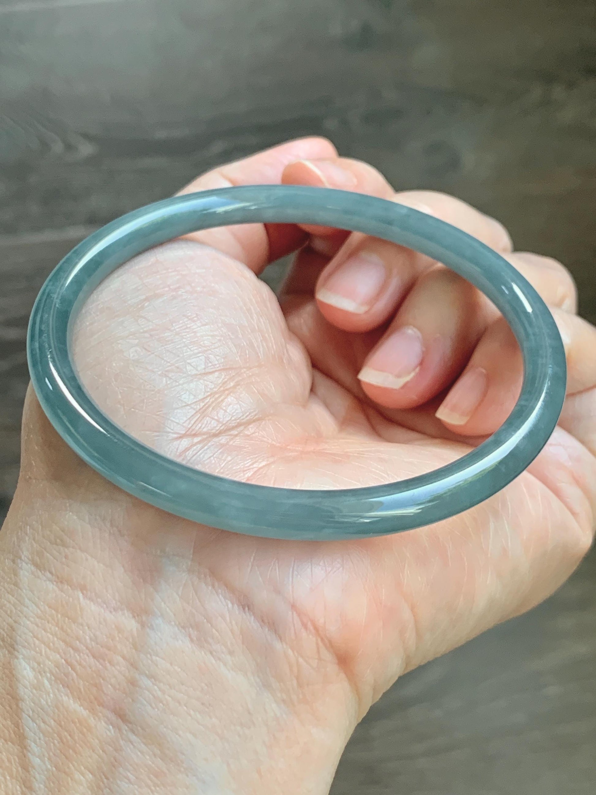 Certified Natural Grade A Guatemalan Icy Translucent Dusty Teal Blue Jade Jadeite Slim Bangle 65.6mm 8.1” 23.7g 天然冰胶危蓝绿翡翠细圆条手镯 1212