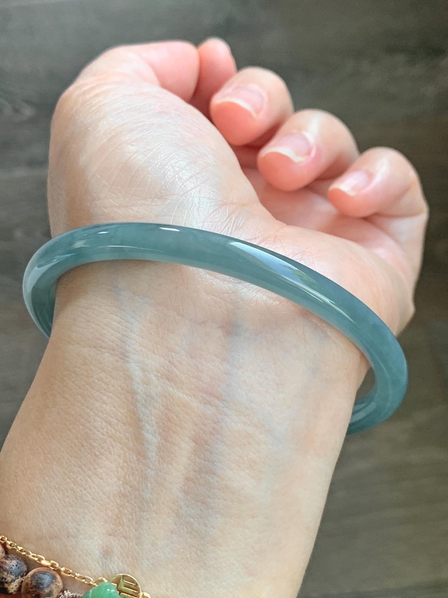 Certified Natural Grade A Guatemalan Icy Translucent Dusty Teal Blue Jade Jadeite Slim Bangle 65.6mm 8.1” 23.7g 天然冰胶危蓝绿翡翠细圆条手镯 1212