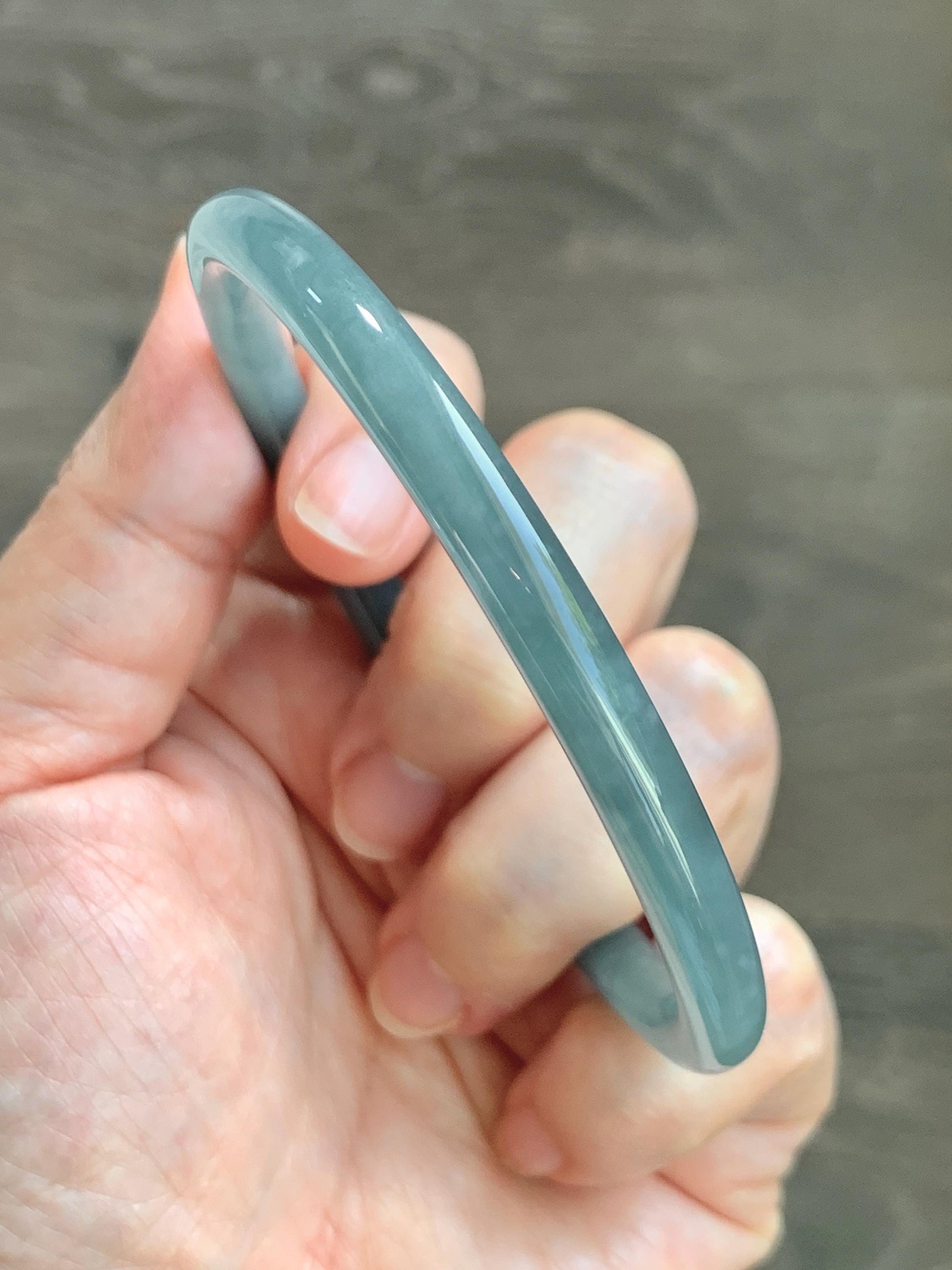 Certified Natural Grade A Guatemalan Icy Translucent Dusty Teal Blue Jade Jadeite Slim Bangle 65.6mm 8.1” 23.7g 天然冰胶危蓝绿翡翠细圆条手镯 1212