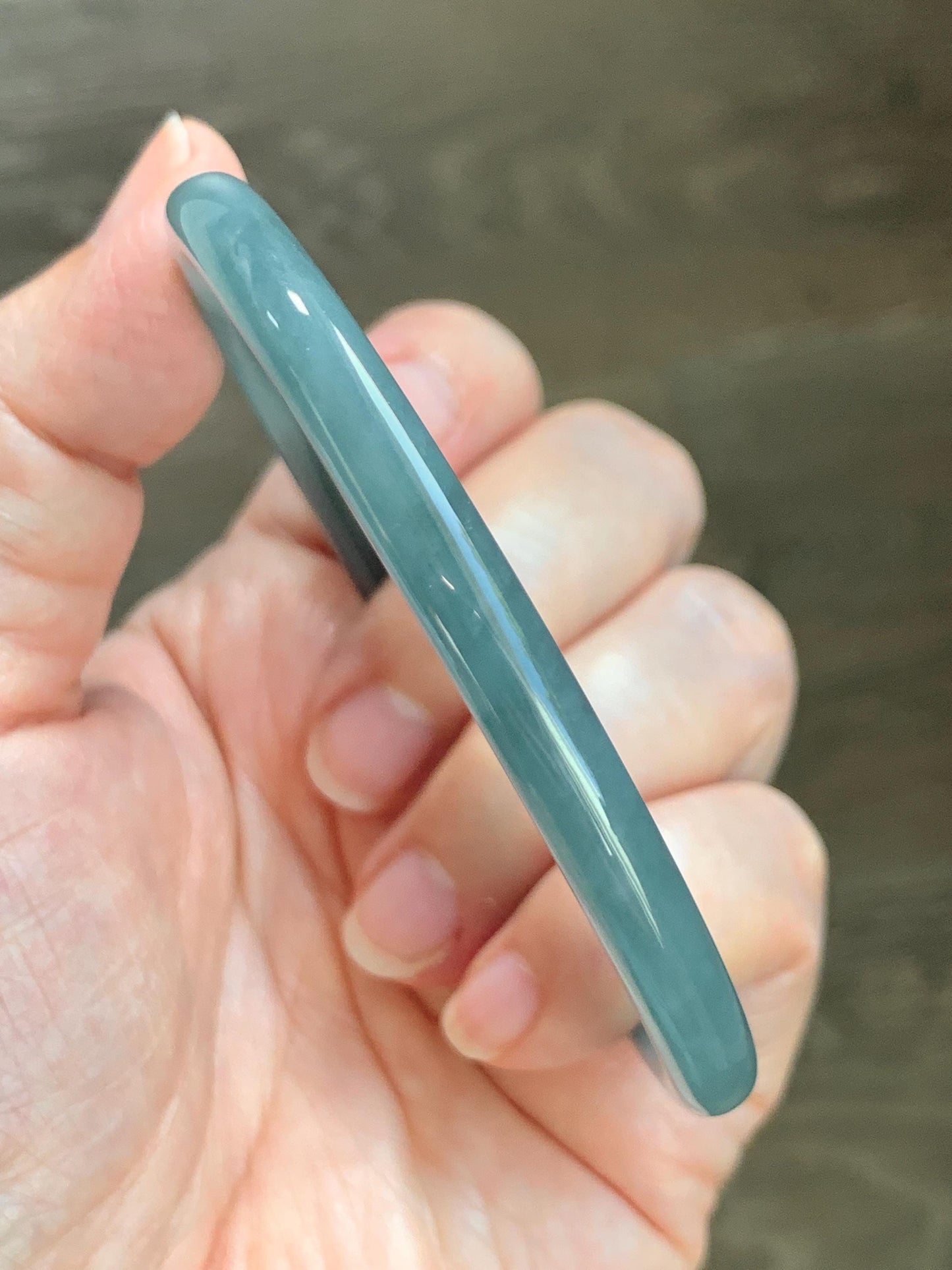 Certified Natural Grade A Guatemalan Icy Translucent Dusty Teal Blue Jade Jadeite Slim Bangle 65.6mm 8.1” 23.7g 天然冰胶危蓝绿翡翠细圆条手镯 1212