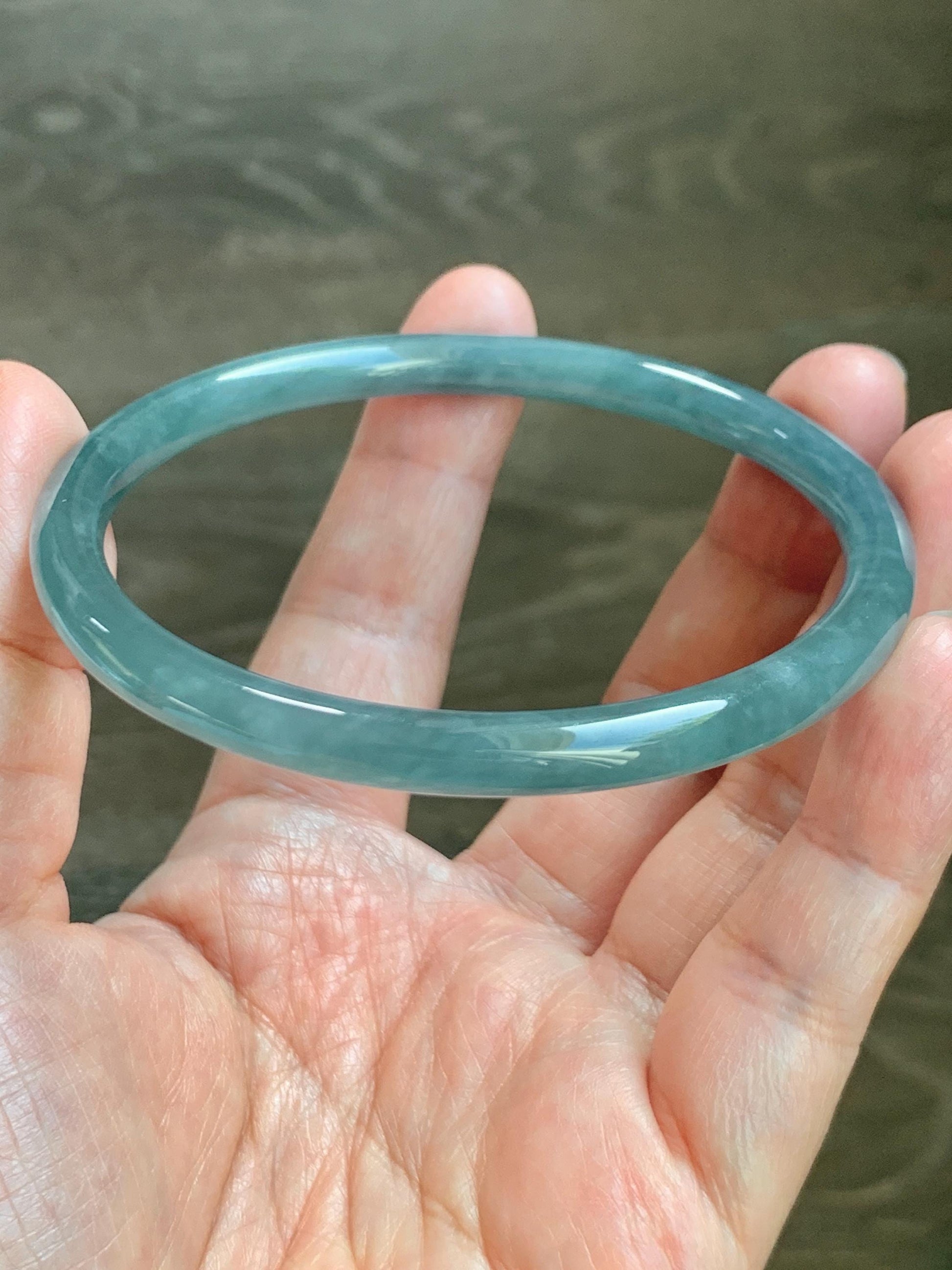 Certified Natural Grade A Guatemalan Icy Translucent Dusty Teal Blue Jade Jadeite Slim Bangle 65.6mm 8.1” 23.7g 天然冰胶危蓝绿翡翠细圆条手镯 1212