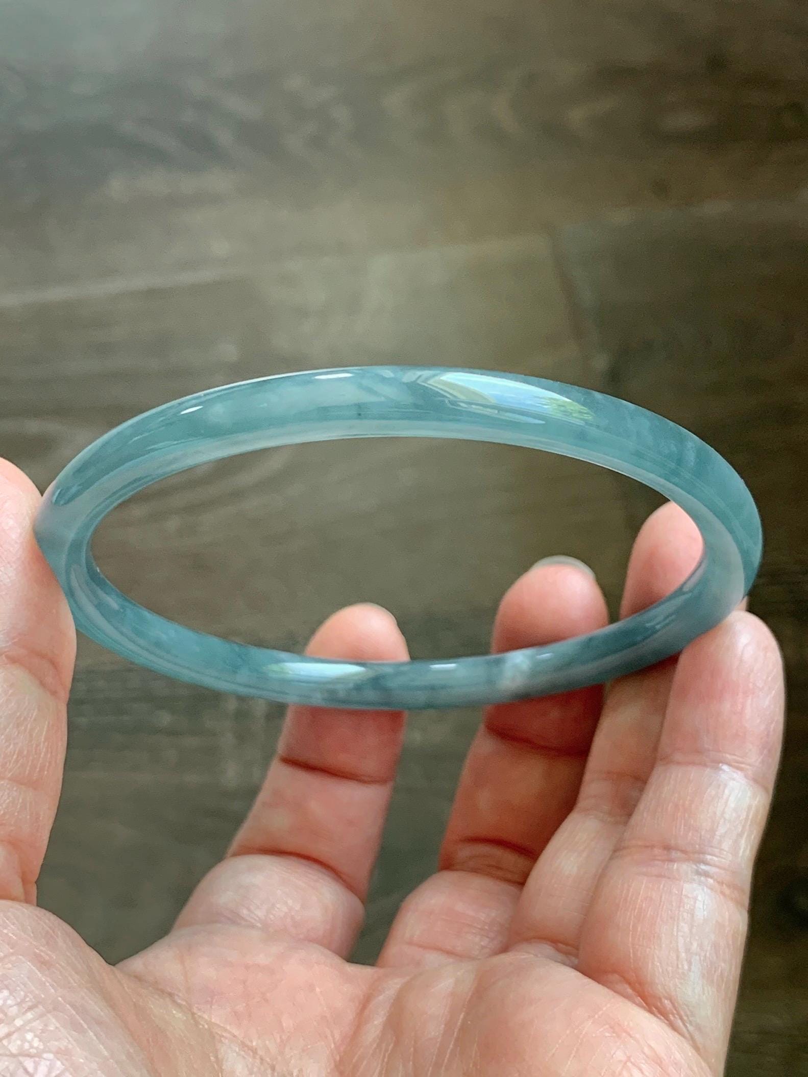 Certified Natural Grade A Guatemalan Icy Translucent Dusty Teal Blue Jade Jadeite Slim Bangle 65.69mm 8.12” 23.5g 天然冰胶危蓝绿翡翠细圆条手镯 1211