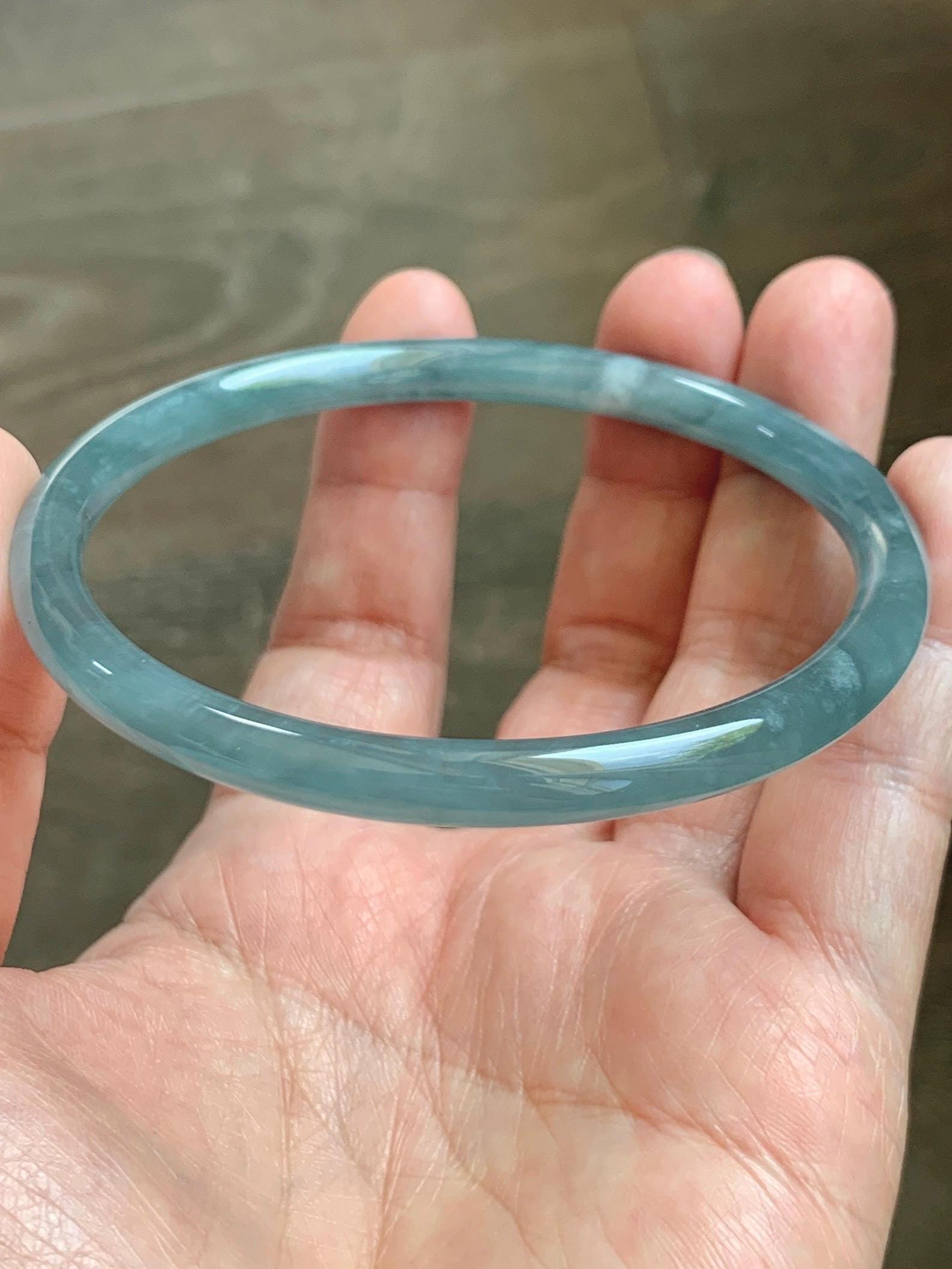 Certified Natural Grade A Guatemalan Icy Translucent Dusty Teal Blue Jade Jadeite Slim Bangle 65.69mm 8.12” 23.5g 天然冰胶危蓝绿翡翠细圆条手镯 1211