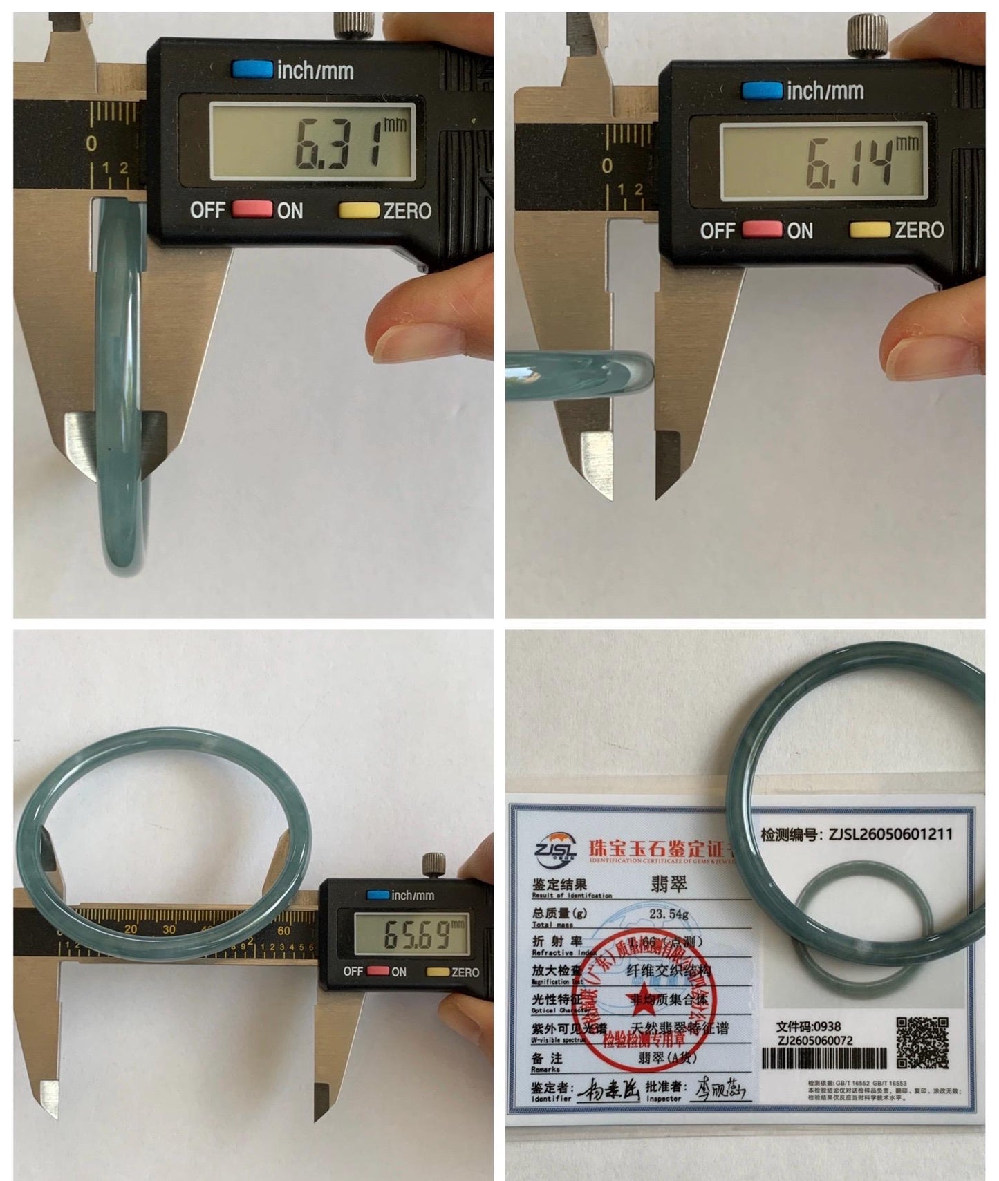 Certified Natural Grade A Guatemalan Icy Translucent Dusty Teal Blue Jade Jadeite Slim Bangle 65.69mm 8.12” 23.5g 天然冰胶危蓝绿翡翠细圆条手镯 1211
