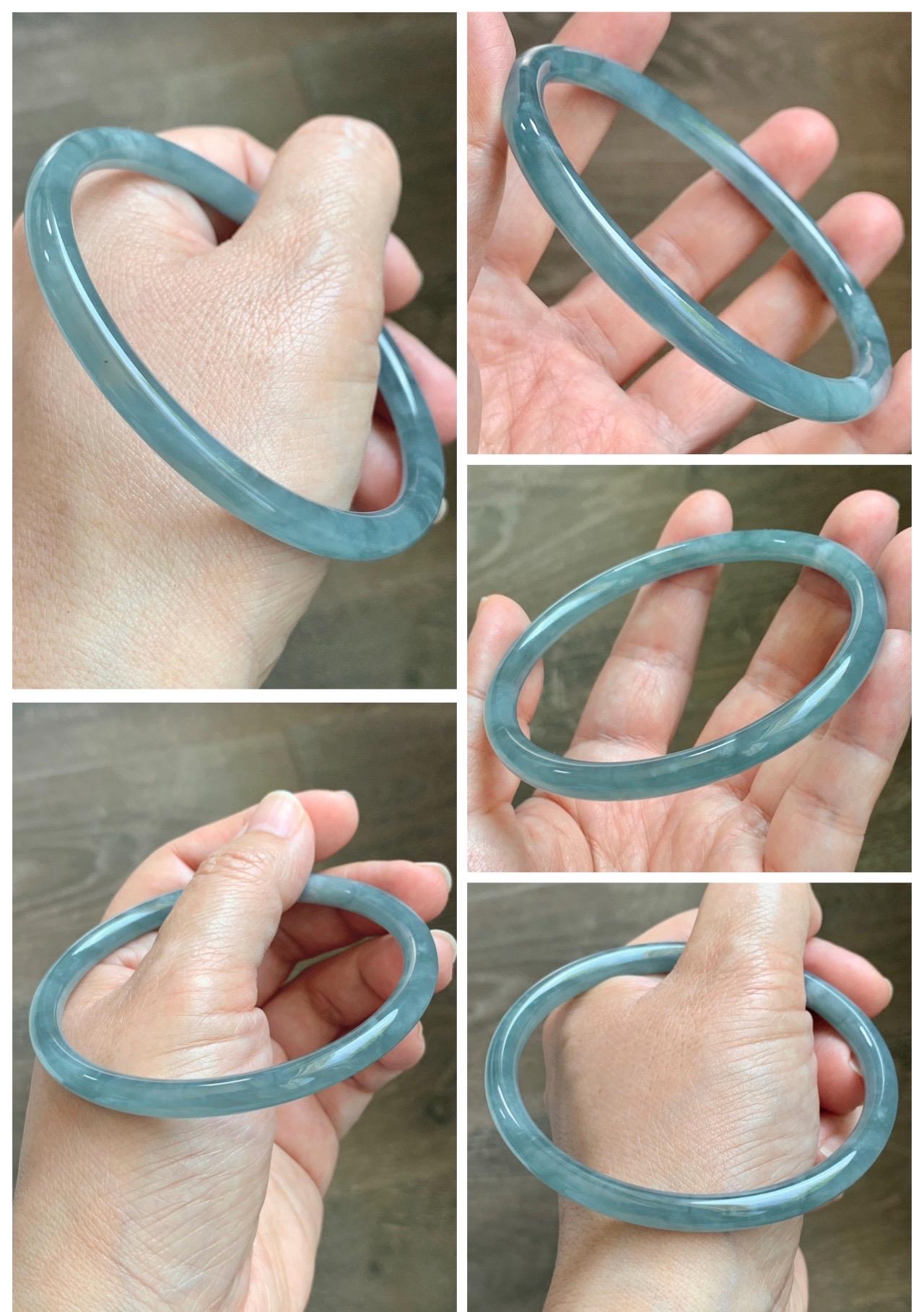 Certified Natural Grade A Guatemalan Icy Translucent Dusty Teal Blue Jade Jadeite Slim Bangle 65.69mm 8.12” 23.5g 天然冰胶危蓝绿翡翠细圆条手镯 1211