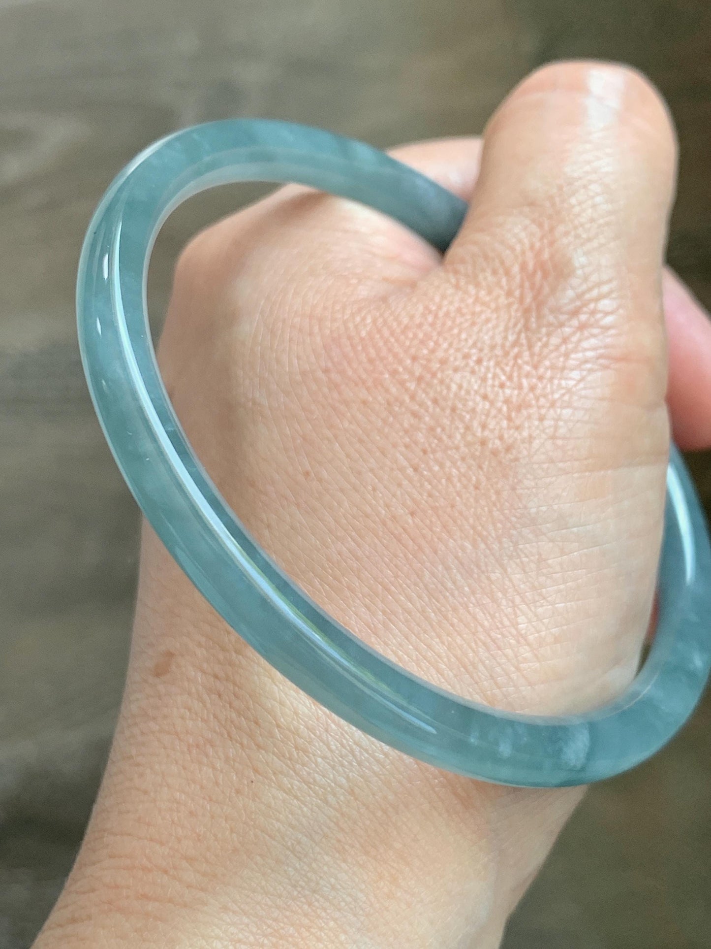 Certified Natural Grade A Guatemalan Icy Translucent Dusty Teal Blue Jade Jadeite Slim Bangle 65.69mm 8.12” 23.5g 天然冰胶危蓝绿翡翠细圆条手镯 1211